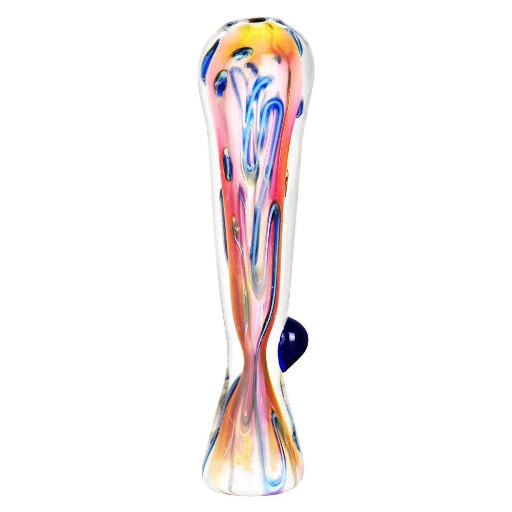 A front view of the Fumed Tropical Sunset Glass Taster, showcasing its colorful, fumed glass design.