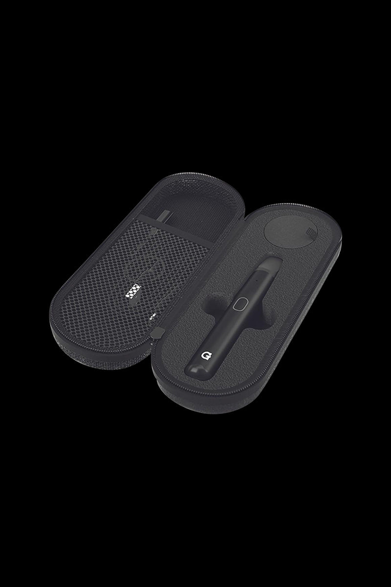 Close-up view of the G Pen Micro+ Concentrate Vaporizer inside its black, zipped carrying case.