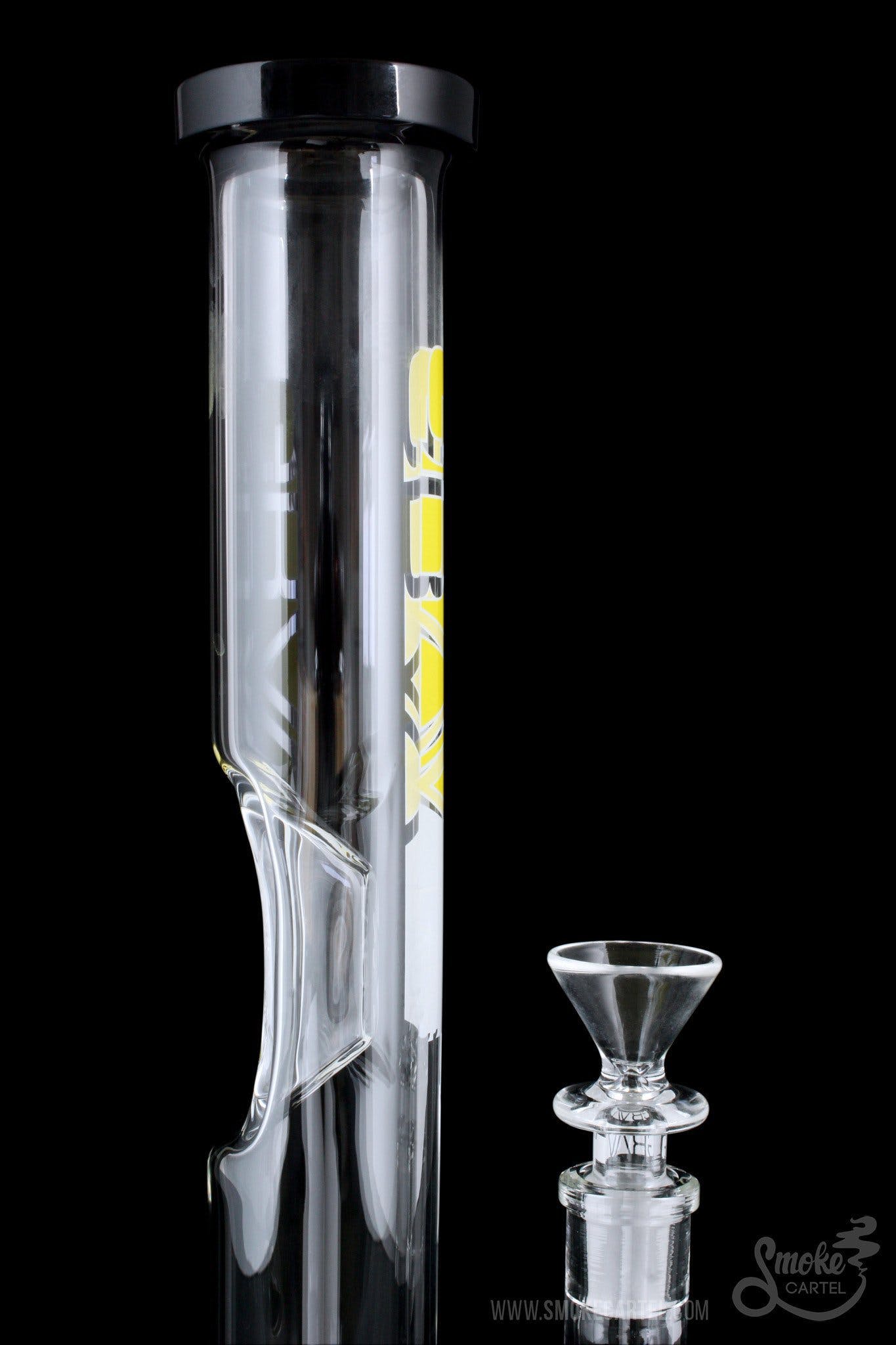 A straight-on view of the GRAV® Medium 12 Inch Straight Tube, showing its black accents and clear glass construction.