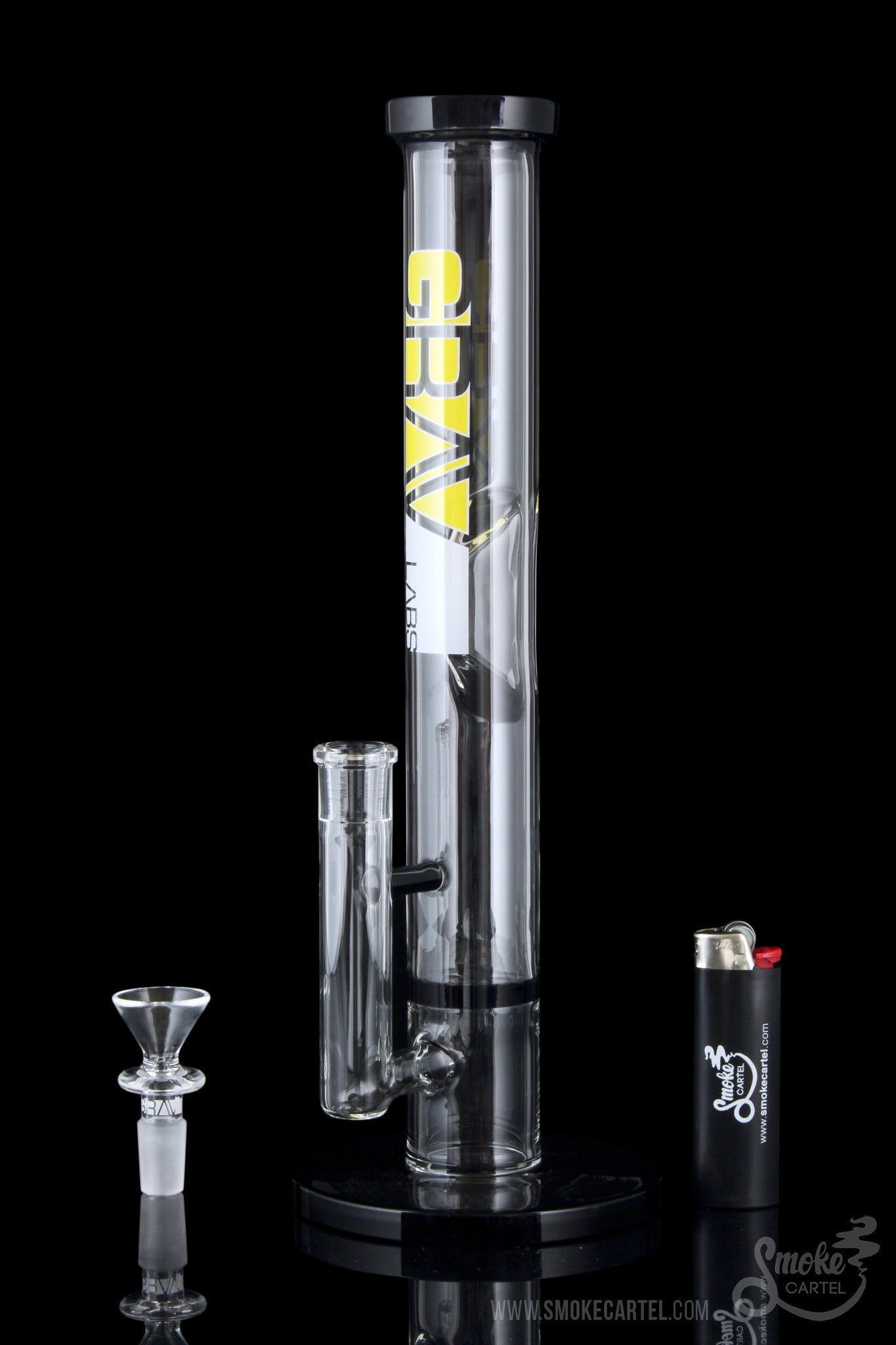 A studio shot of the GRAV® Medium 12 Inch Straight Tube with black accents, displaying its height and cylindrical shape on a reflective surface.