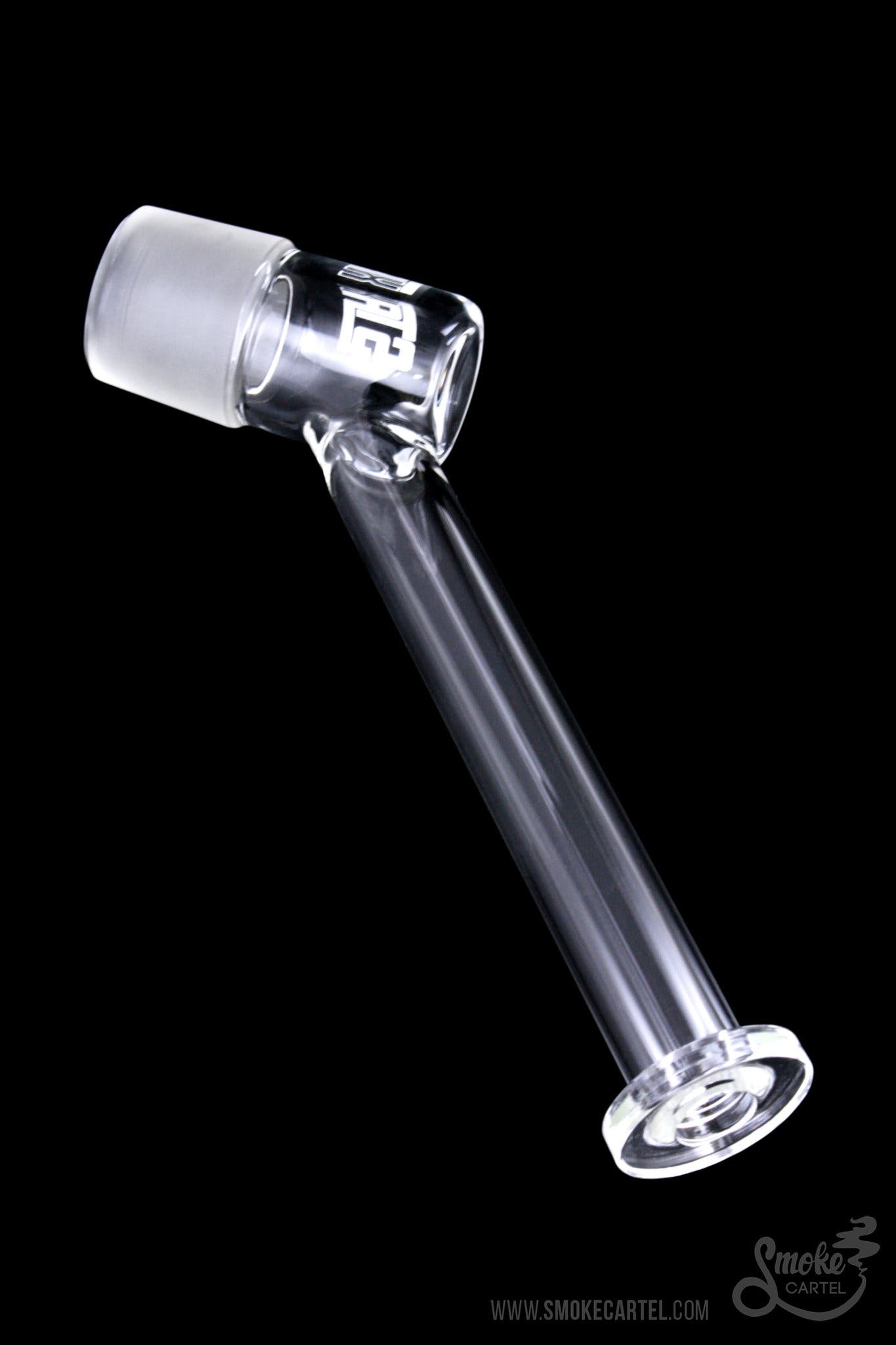 The GRAV® STAX Angled Mouthpiece is shown in a close-up, angled view against a dark background, highlighting its clear glass construction.