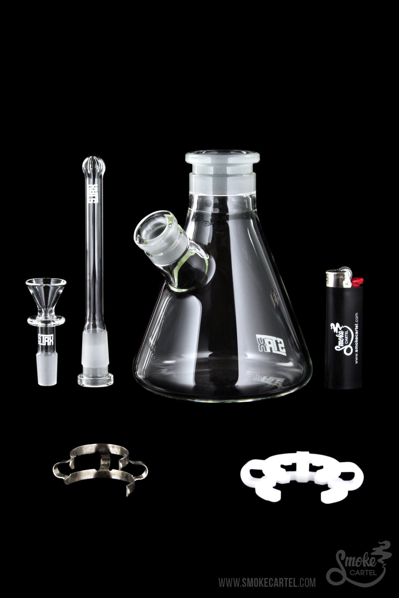 Front view of the GRAV® STAX Beaker Base on a dark background, showcasing its clean lines and simple design.