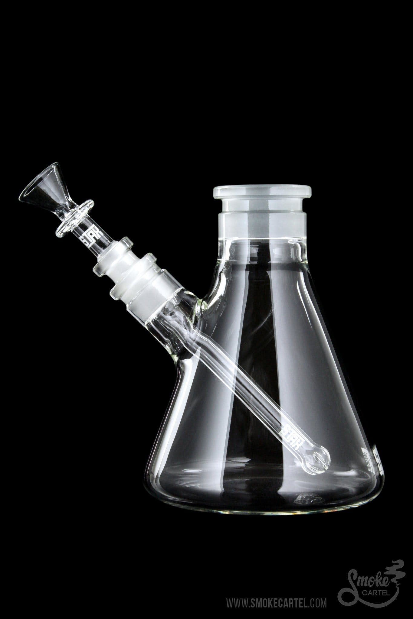 Front view of the GRAV® STAX Beaker Base, a clear glass piece with a simple, cylindrical form against a dark background.