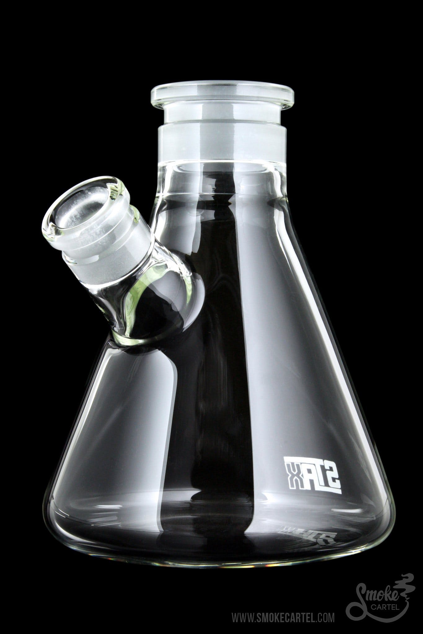 Front view of the GRAV® STAX Beaker Base, a clear glass base with a simple, wide cylindrical shape against a dark background.
