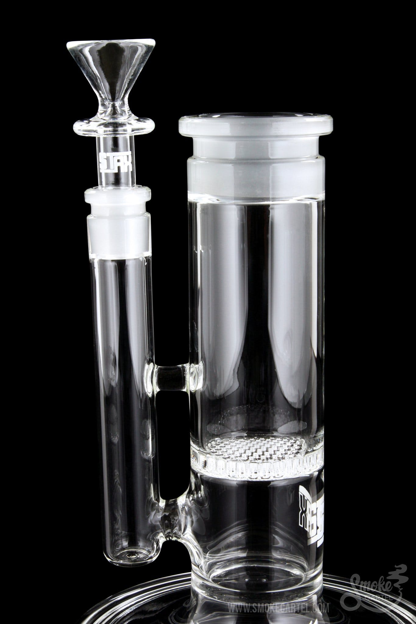 Clear glass water pipe (bong) with percolator and detachable downstem.