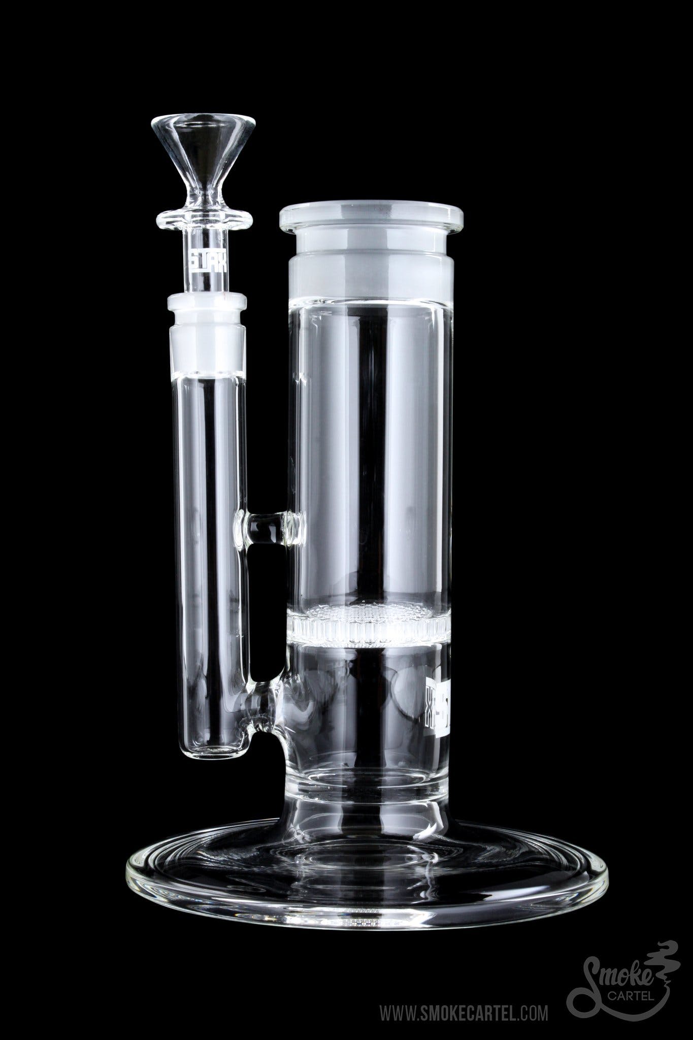 Clear glass water pipe (bong) with percolator, displayed against a black background.