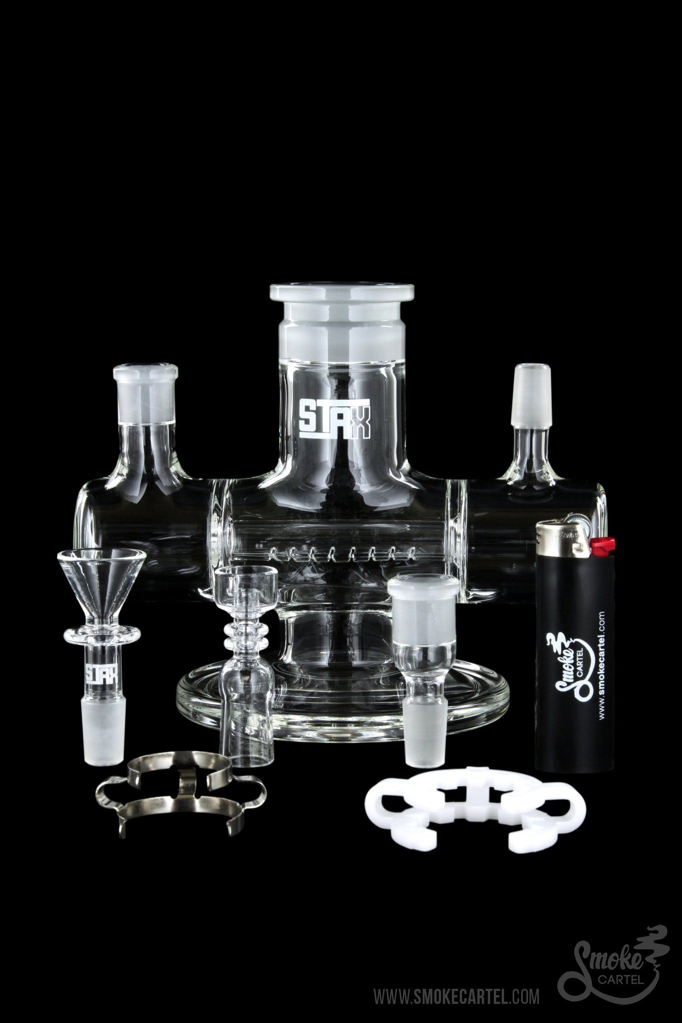 Front view of the GRAV® STAX Dual Action Inline Base, featuring a clear glass construction and multiple connection points.