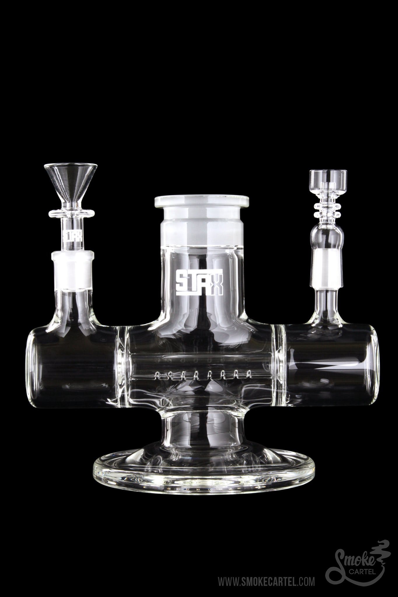 Front view of the GRAV® STAX Dual Action Inline Base, showcasing its clear glass construction and cylindrical design.