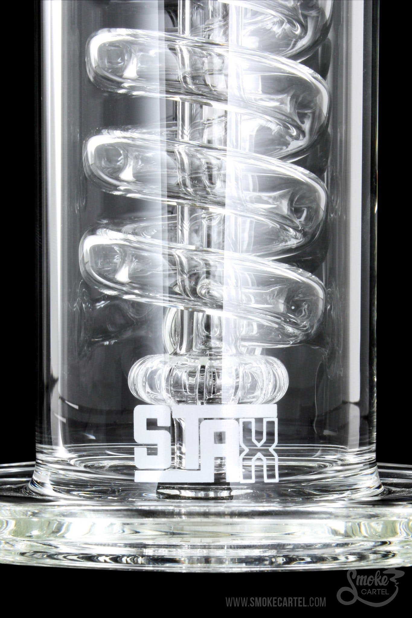Front view of the GRAV® STAX Flare Base with Coil Showerhead Perc, showcasing its clear glass construction and coiled perc design.