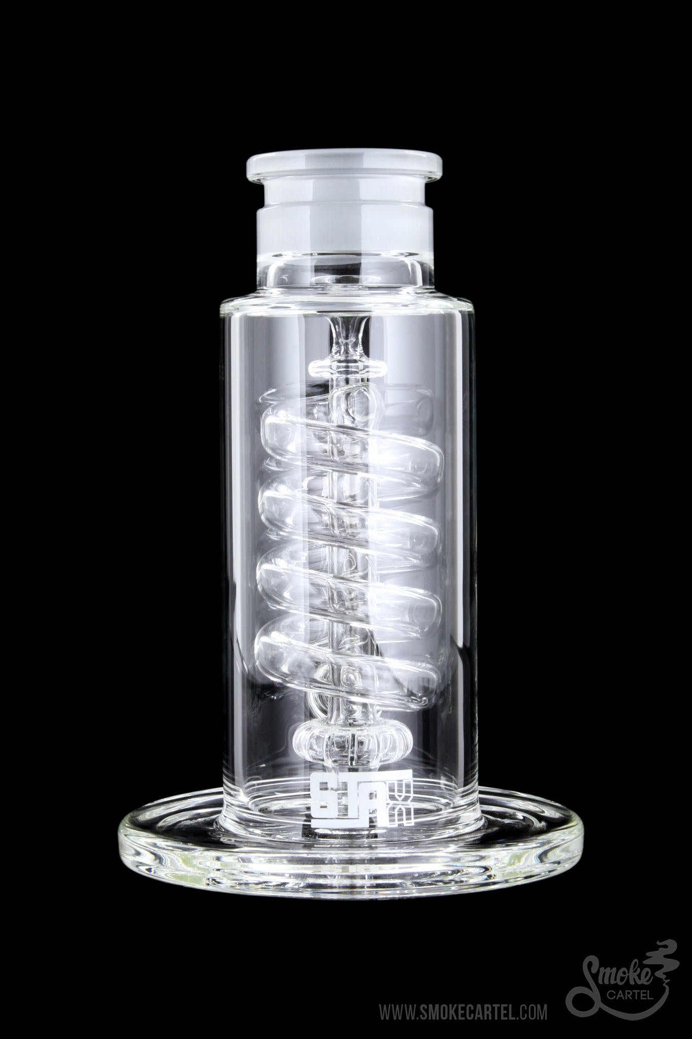 Front view of the GRAV® STAX Flare Base with Coil Showerhead Perc, showing its clear glass construction and unique coil perc design.