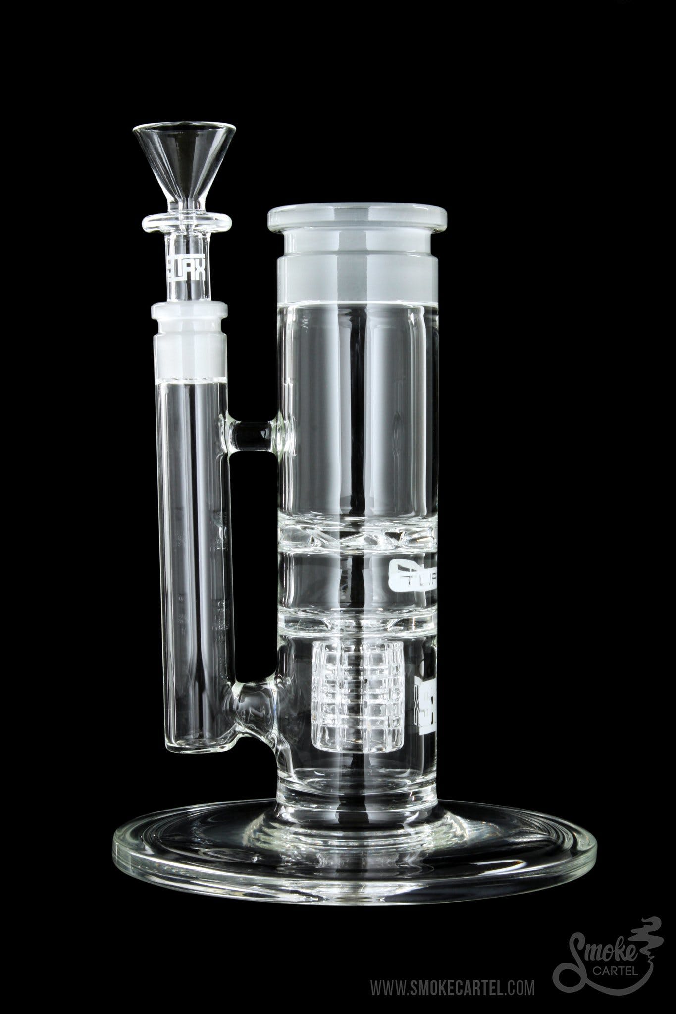Front view of the GRAV® STAX Flare Stemless Base with Turbine Disc, showcasing the clear glass piece against a dark backdrop.