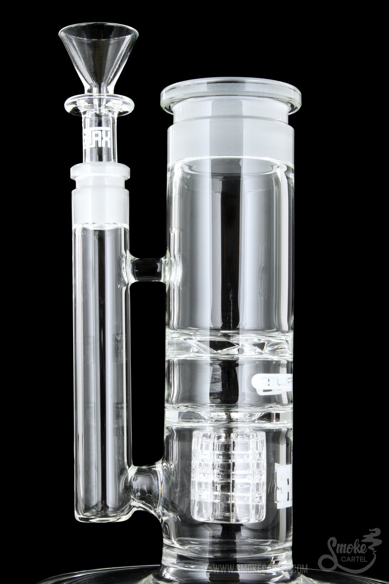 A studio shot of the GRAV® STAX Flare Stemless Base with Turbine Disc, showcasing its clear glass construction and unique turbine disc visible within the base.