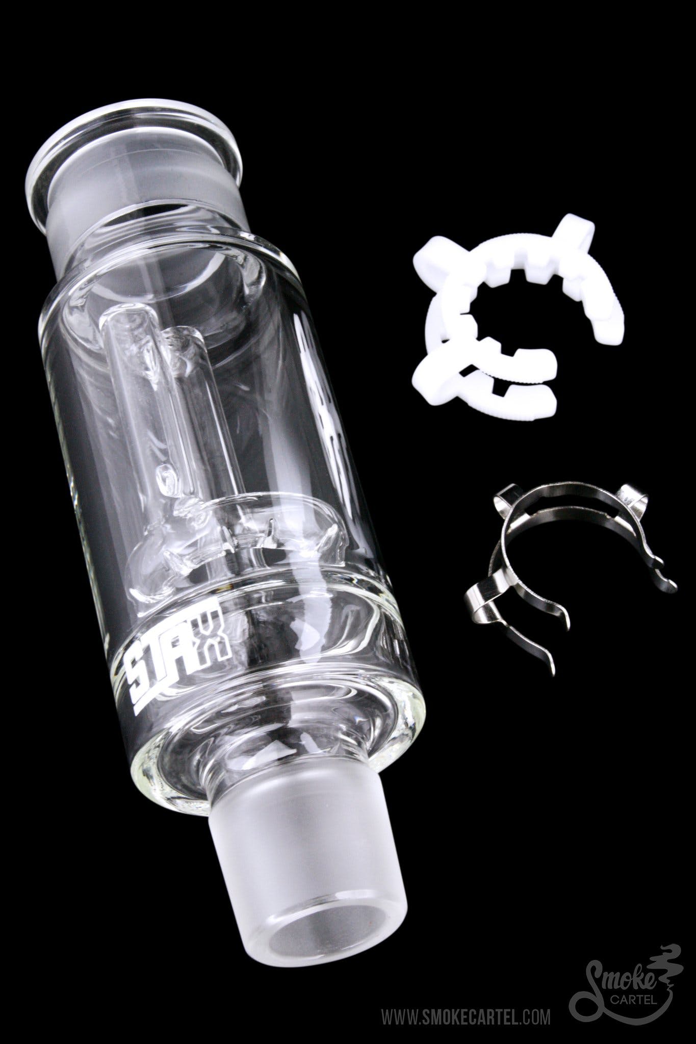 A side view of the GRAV® STAX Halo Perc, showcasing its clear glass construction and unique percolator design.