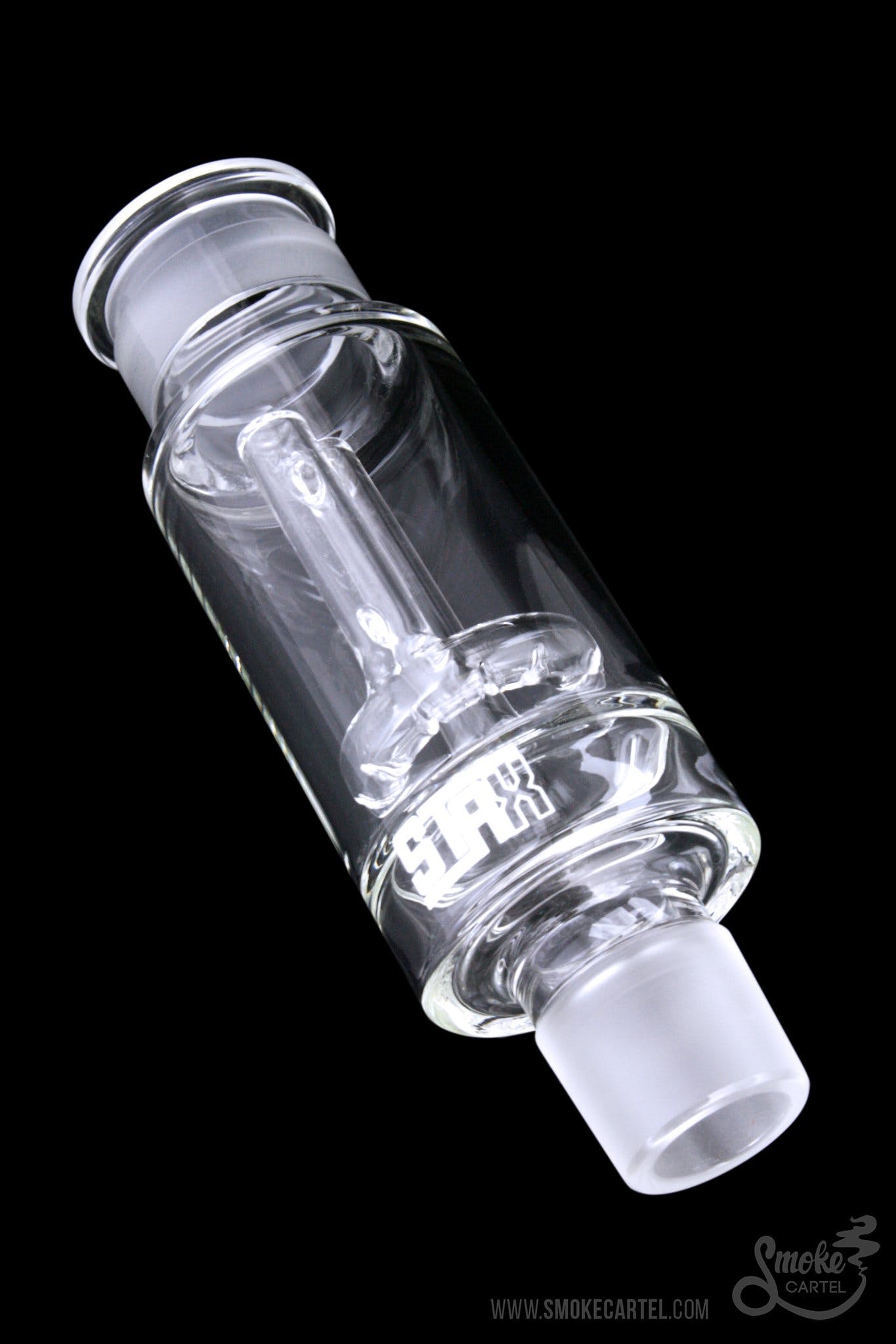 A slightly angled view of the GRAV® STAX Halo Perc, showcasing its clear glass construction and smooth, rounded shape.