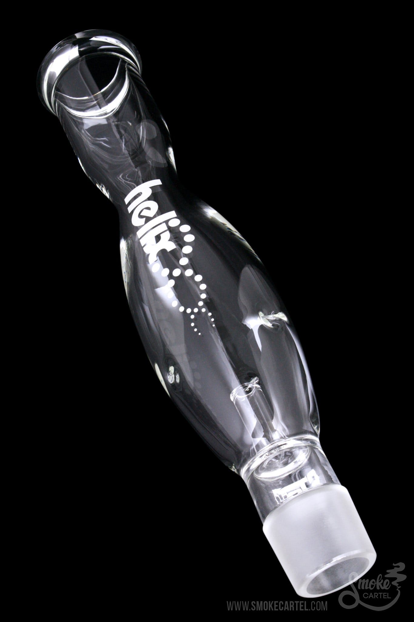 Clear glass cannabis water pipe with white lettering and decorative dots, displayed against a black background.