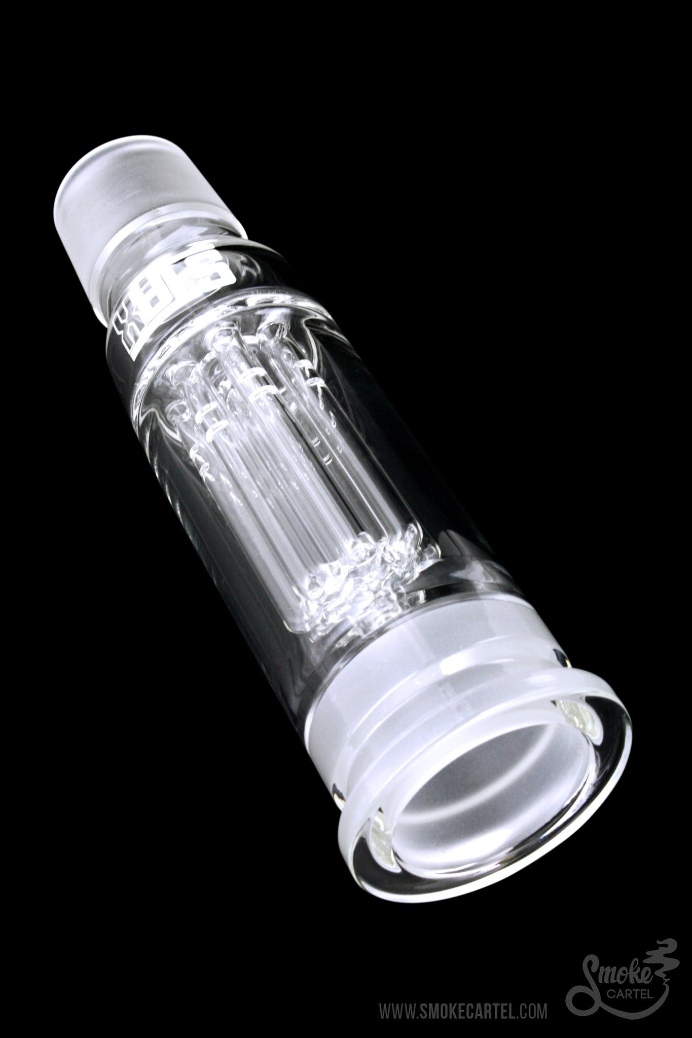 Glass bubbler with intricate percolator for water filtration.