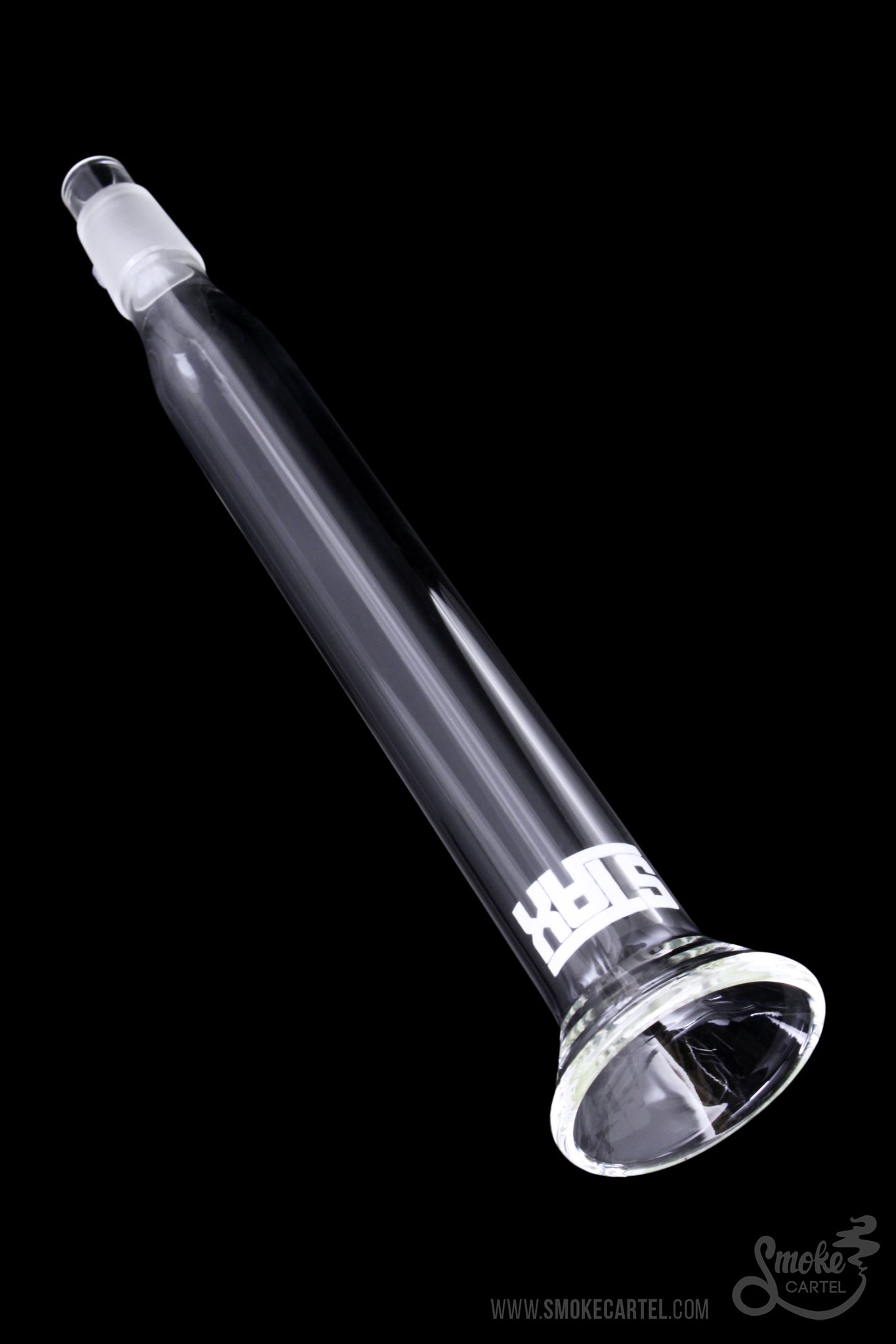 The GRAV® STAX Trumpet Mouthpiece is shown in a close-up, angled view against a dark background, highlighting its clear glass construction.