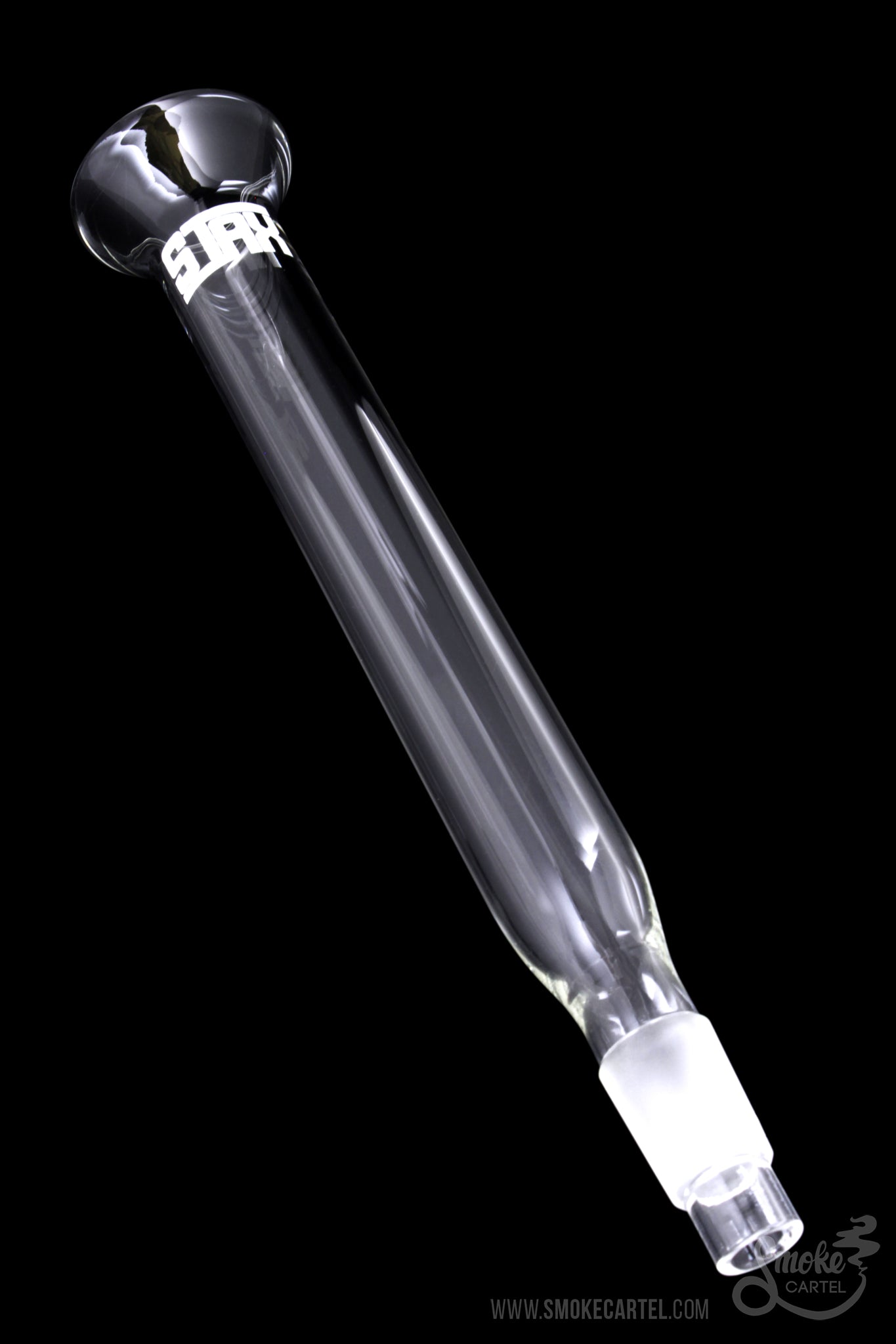 Close-up angled view of the GRAV® STAX Trumpet Mouthpiece, showing its clear glass construction and sleek cylindrical shape.