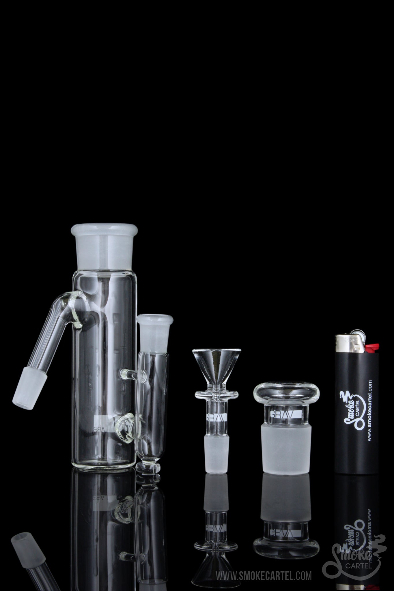A studio shot displays the GRAV® 45 Degree "Phoenix" 14.5mm Ashcatcher, highlighting its clear glass construction and angled design.