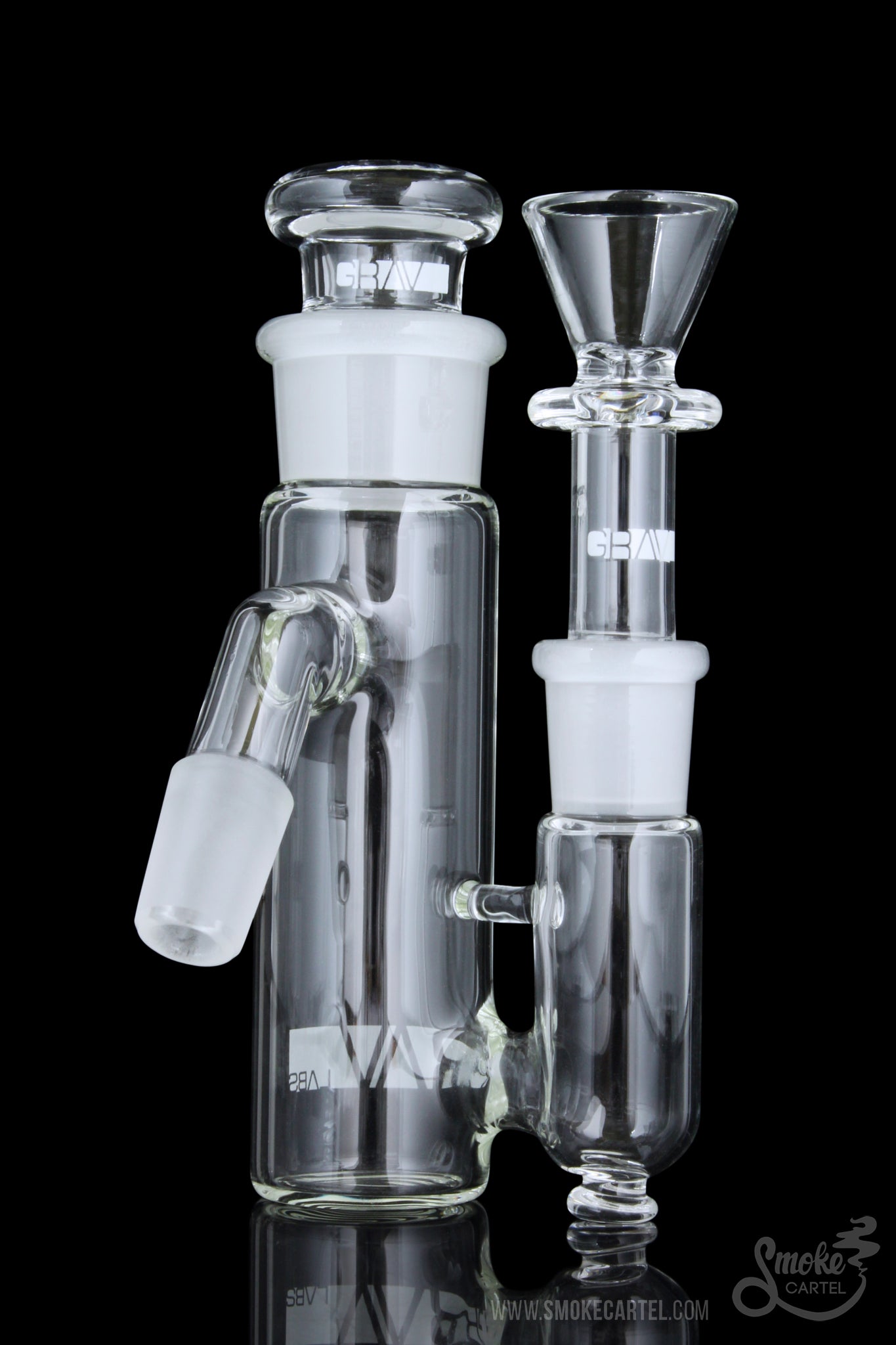 A side view of the GRAV® 45 Degree "Phoenix" 14.5mm Ashcatcher, showing its clear glass construction and angled design.