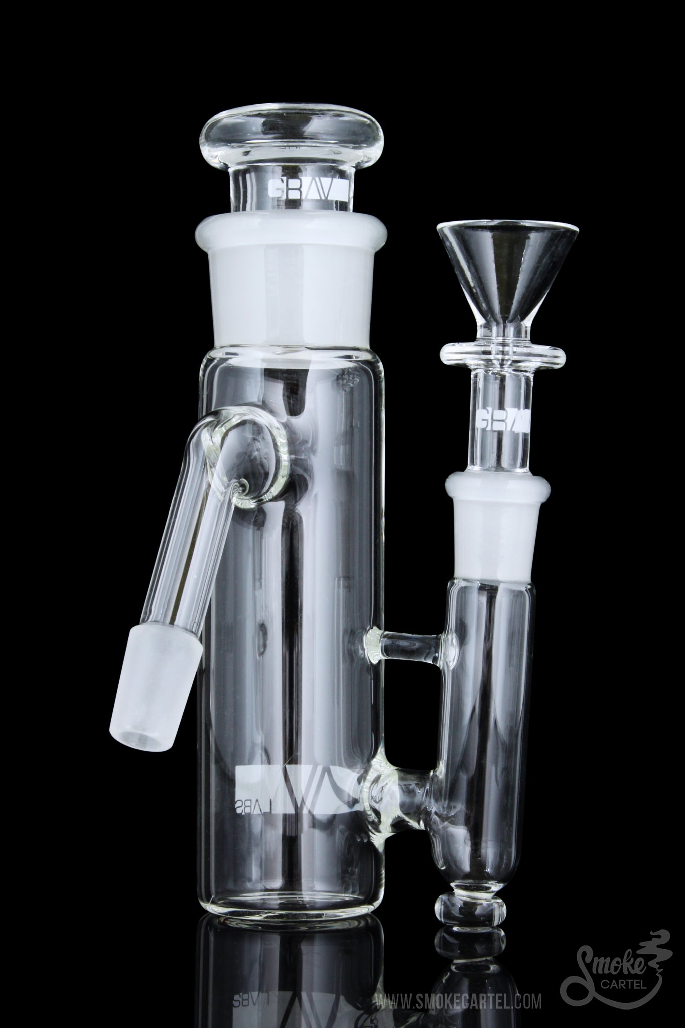 A studio shot of the GRAV® 45 Degree "Phoenix" 14.5mm Ashcatcher, displaying its clear glass construction and angled design.