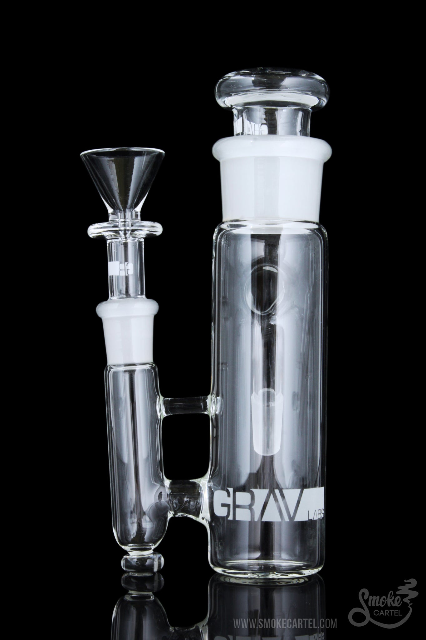 A studio shot displays the GRAV® 45 Degree "Phoenix" 14.5mm Ashcatcher, angled on a reflective surface.