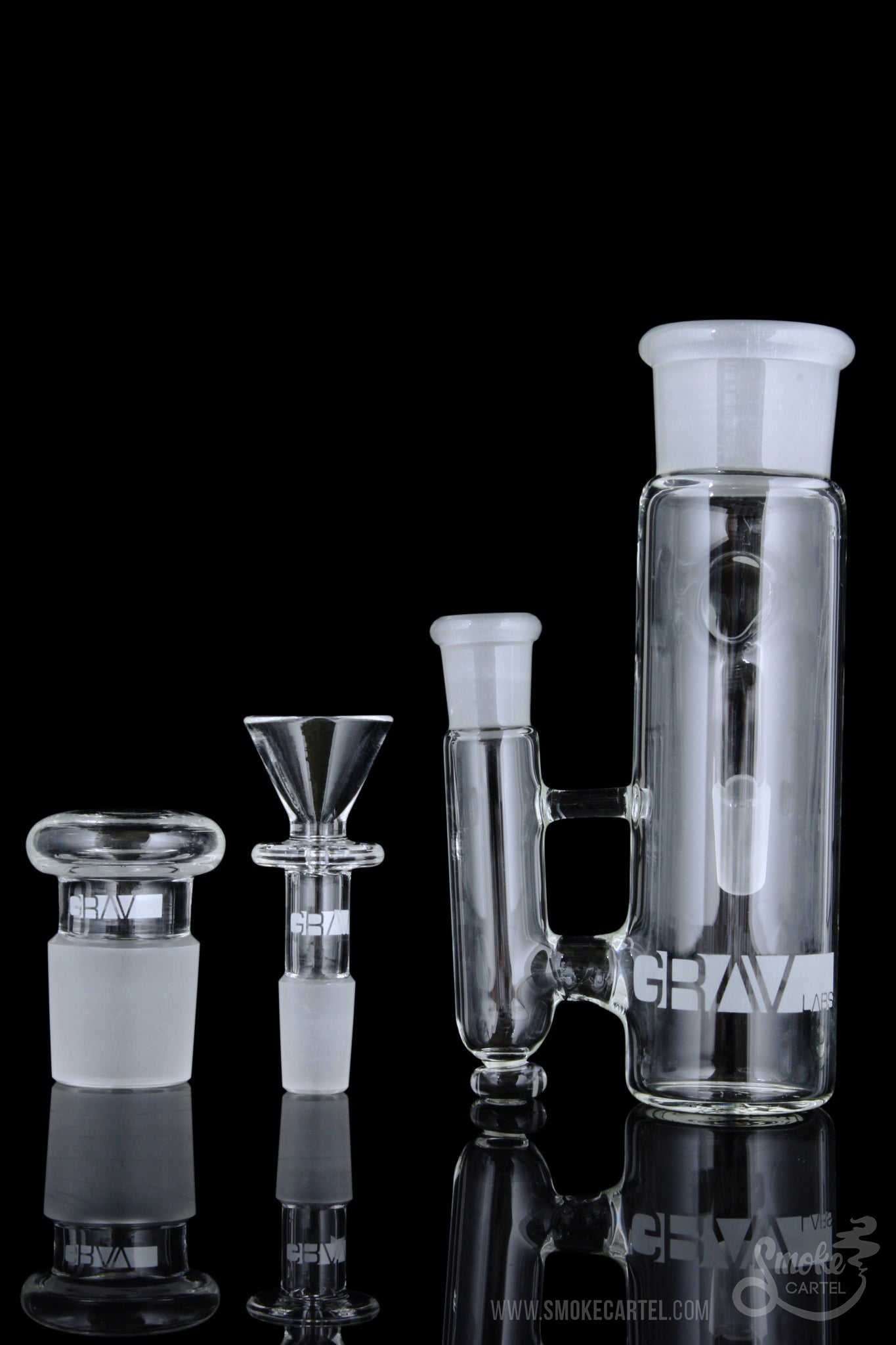 A studio shot displays the GRAV® 45 Degree "Phoenix" 14.5mm Ashcatcher, reflecting off a glossy black surface.