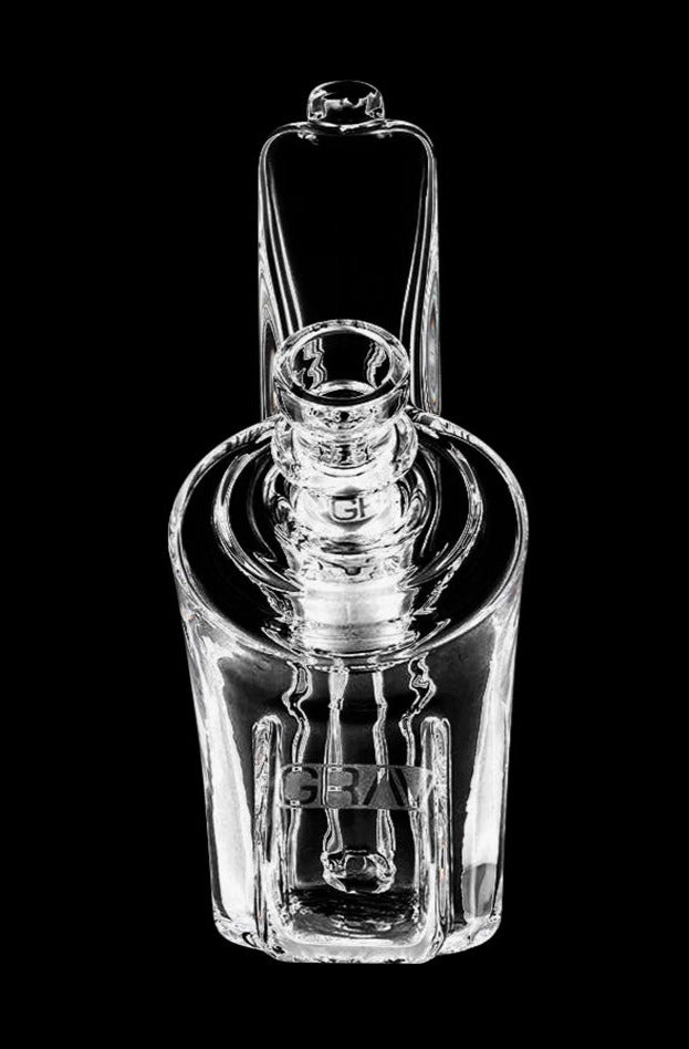 A studio shot of the GRAV® Wedge Bubbler, displaying the sleek, clear glass design in a vertical composition.