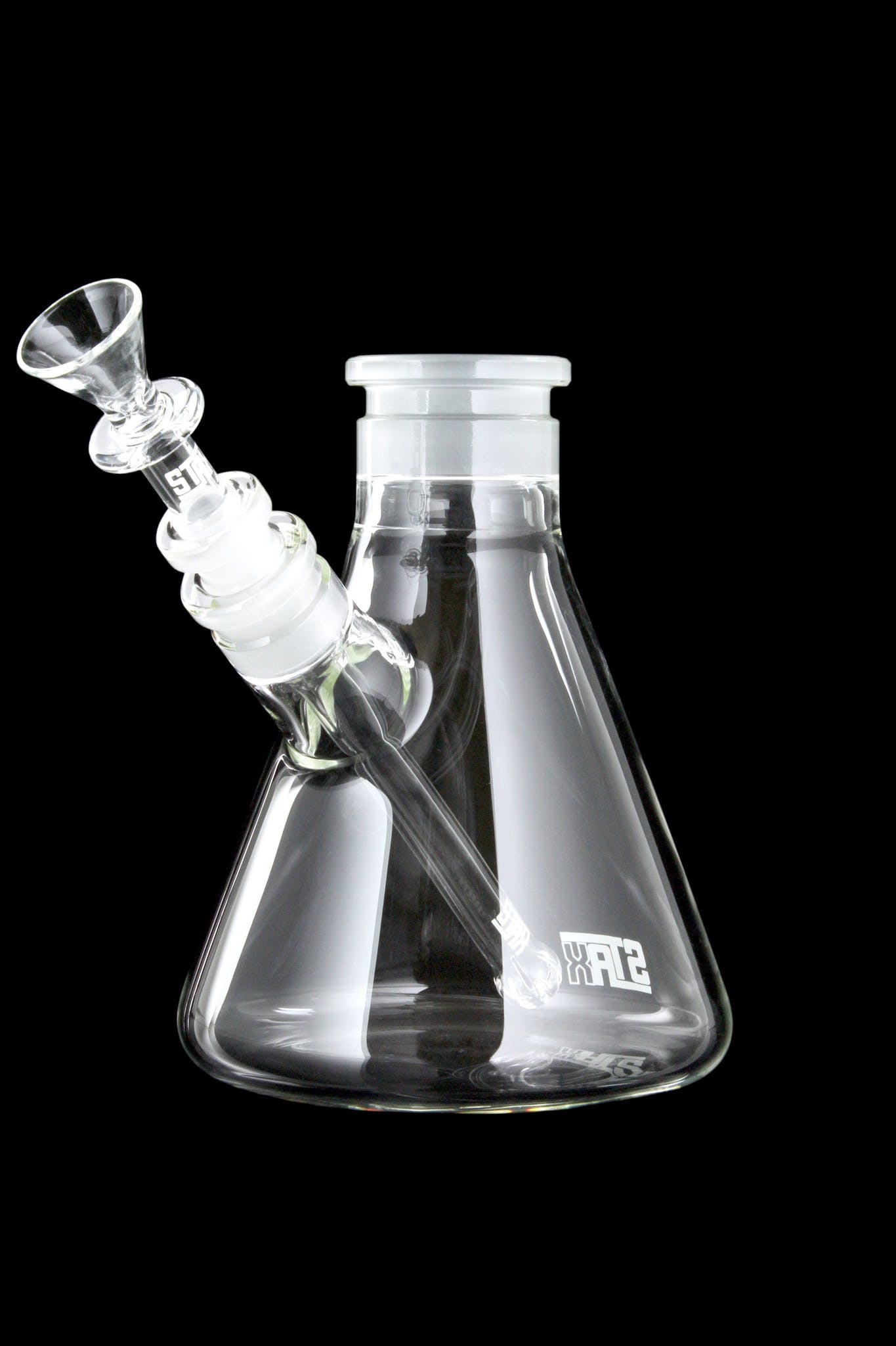 Clear glass water pipe (bong) with intricate percolators, against a black background.