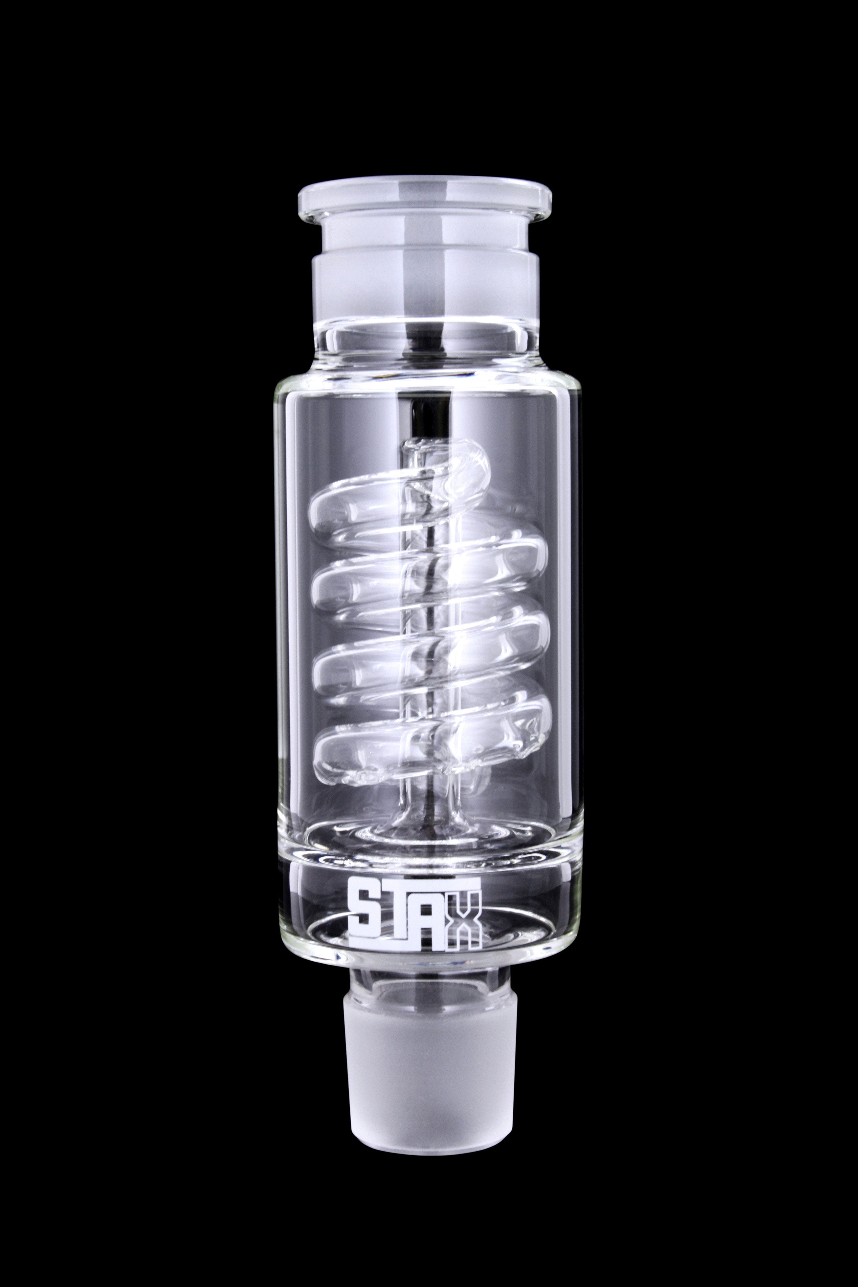 Clear glass bubbler water pipe with spiral percolator and “STAY” logo.