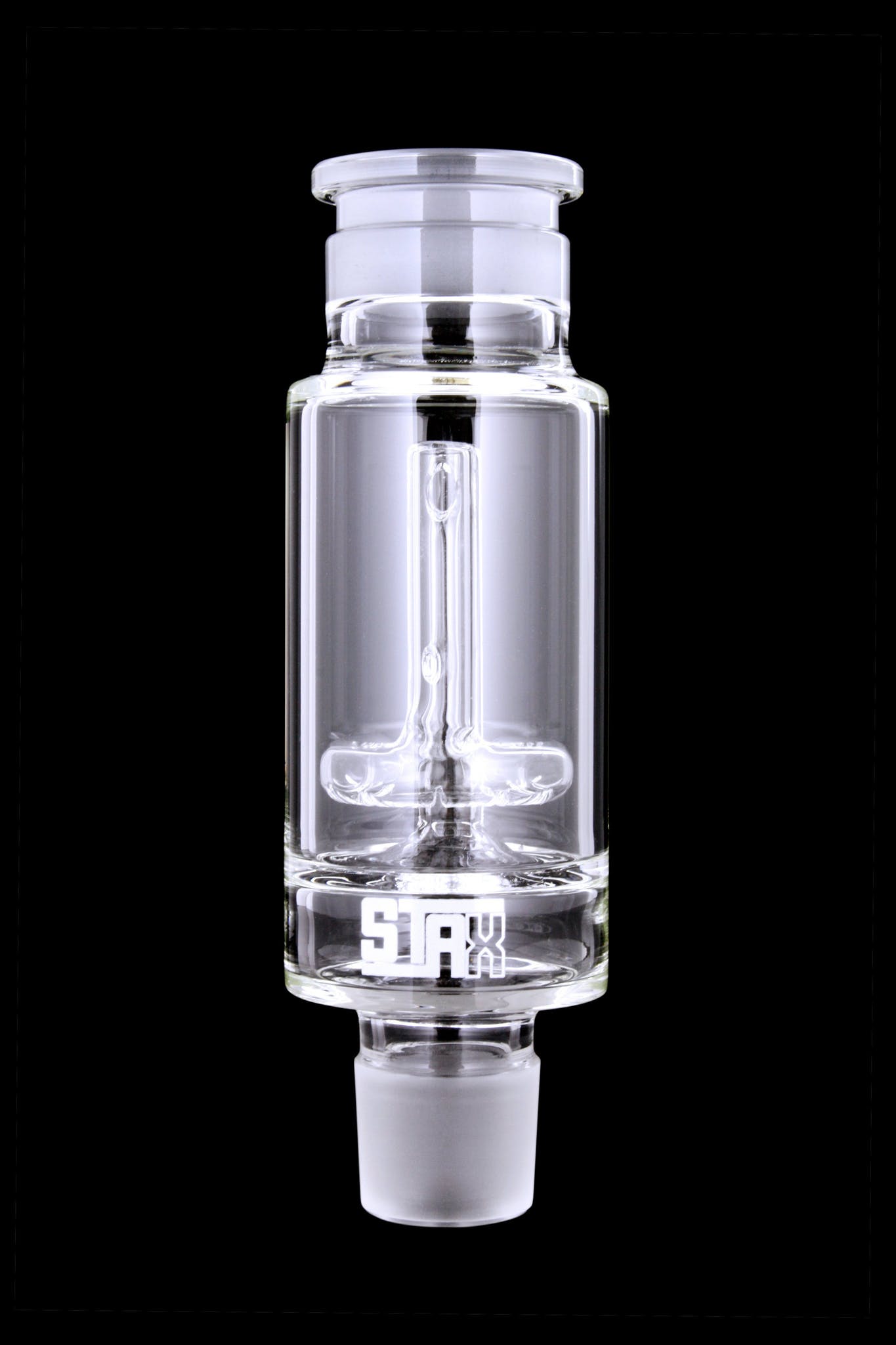 Front view of the GRAV® STAX Halo Perc, a clear glass perc bong with a streamlined, cylindrical shape.