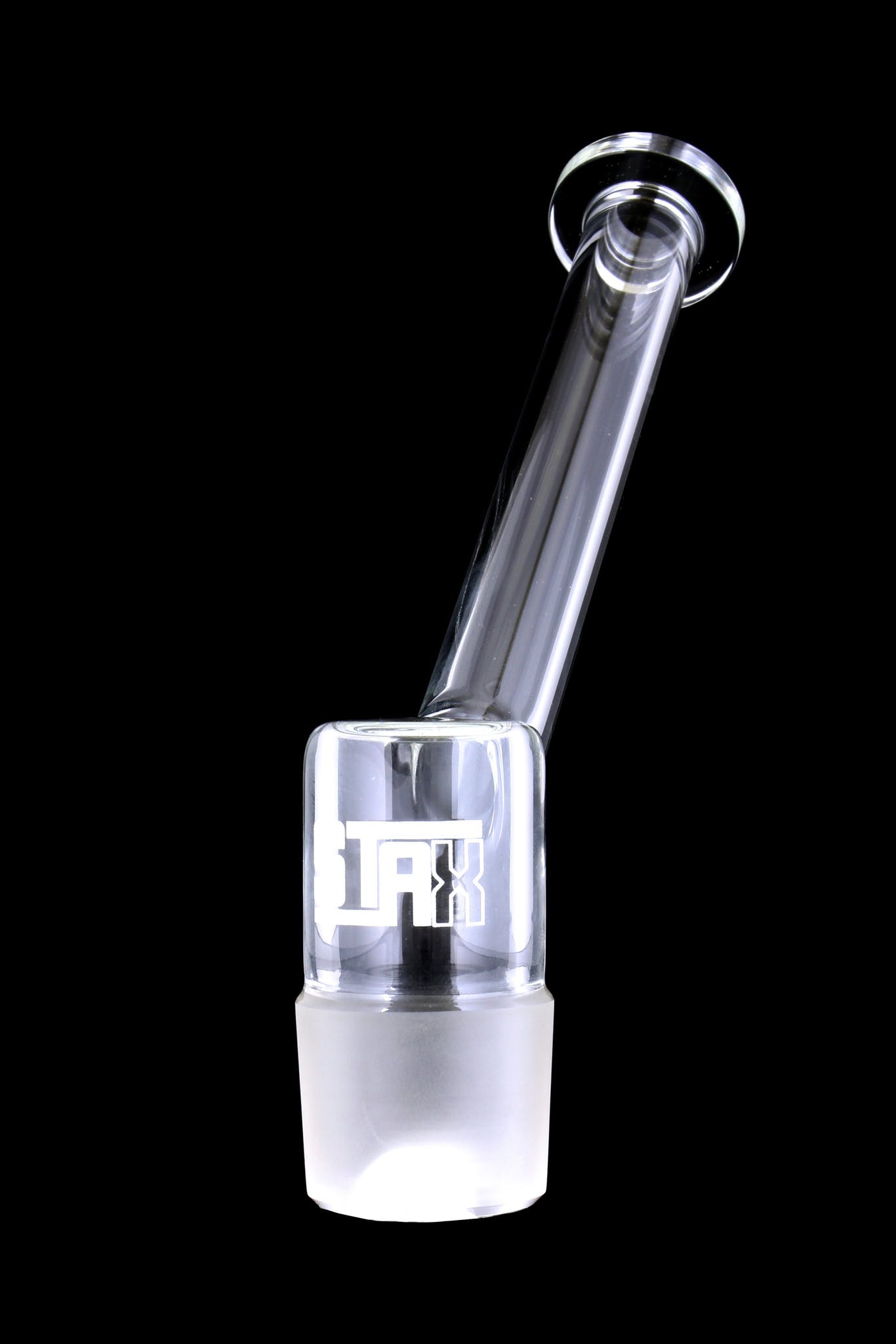 Clear glass oil rig with etched branding, isolated on a black background.