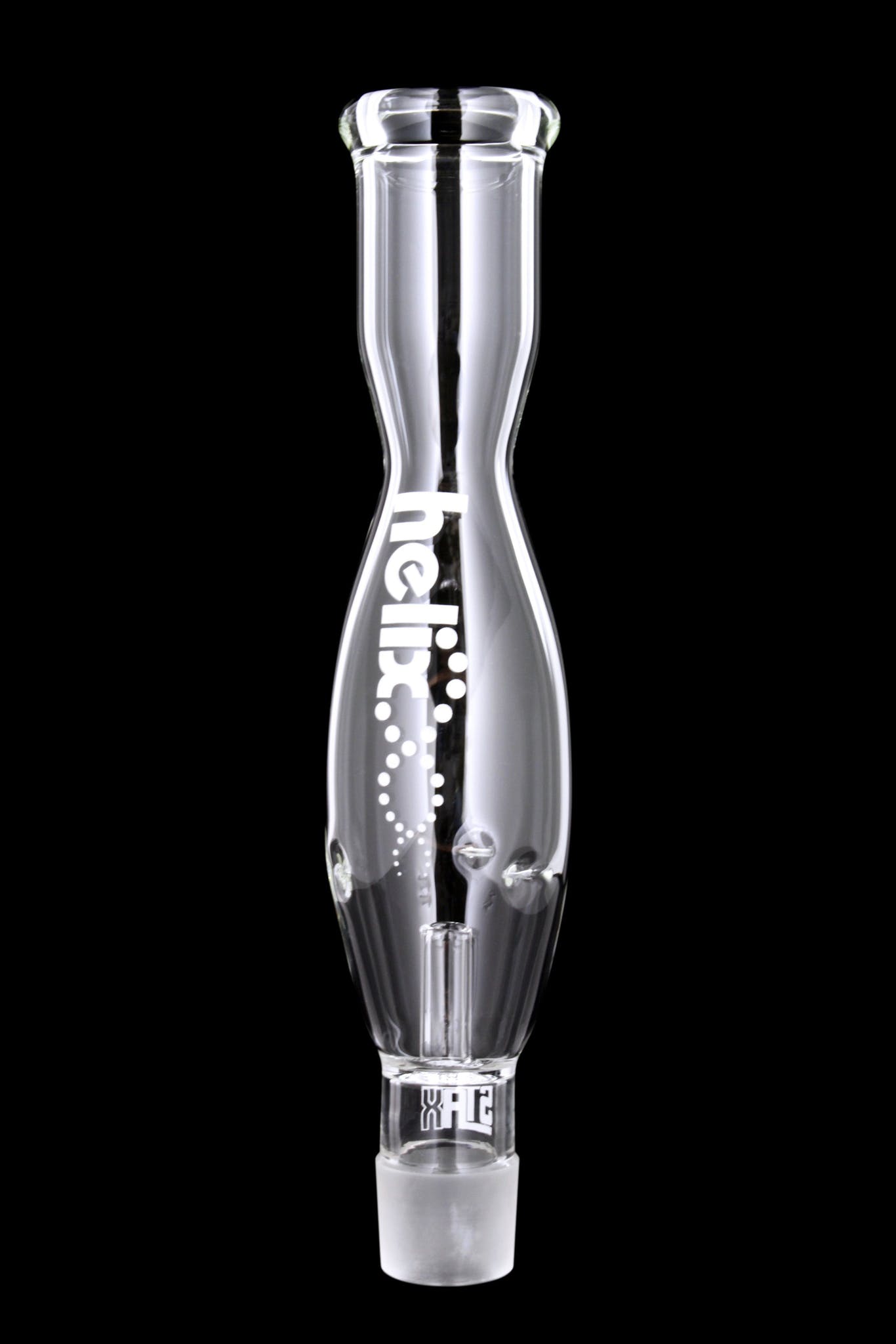 A straight-on view of the GRAV® STAX Helix Mouthpiece, displaying its clear glass construction and sleek, cylindrical shape.