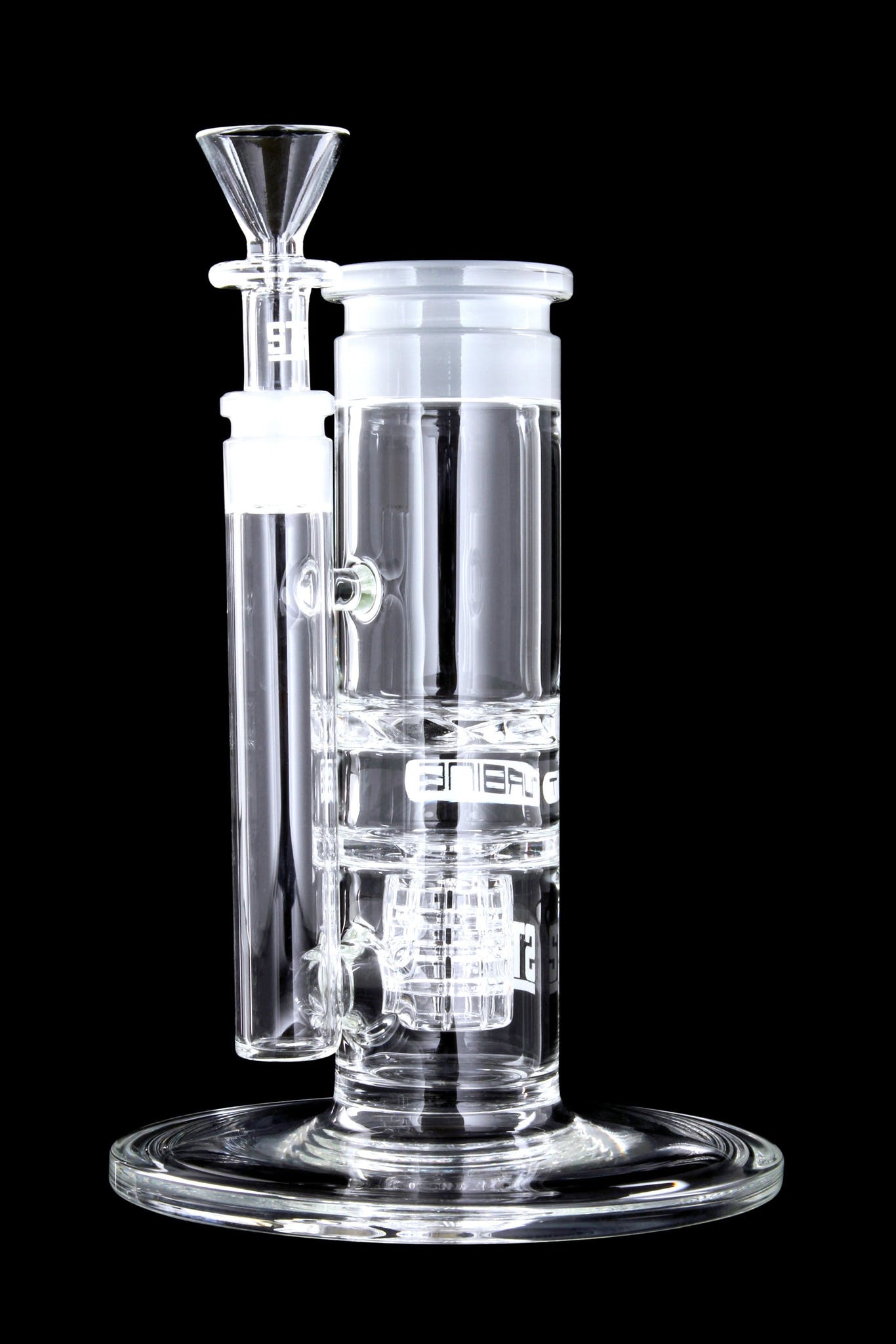 Front view of the GRAV® STAX Flare Stemless Base with Turbine Disc, showcasing its clear glass construction and minimalist design.