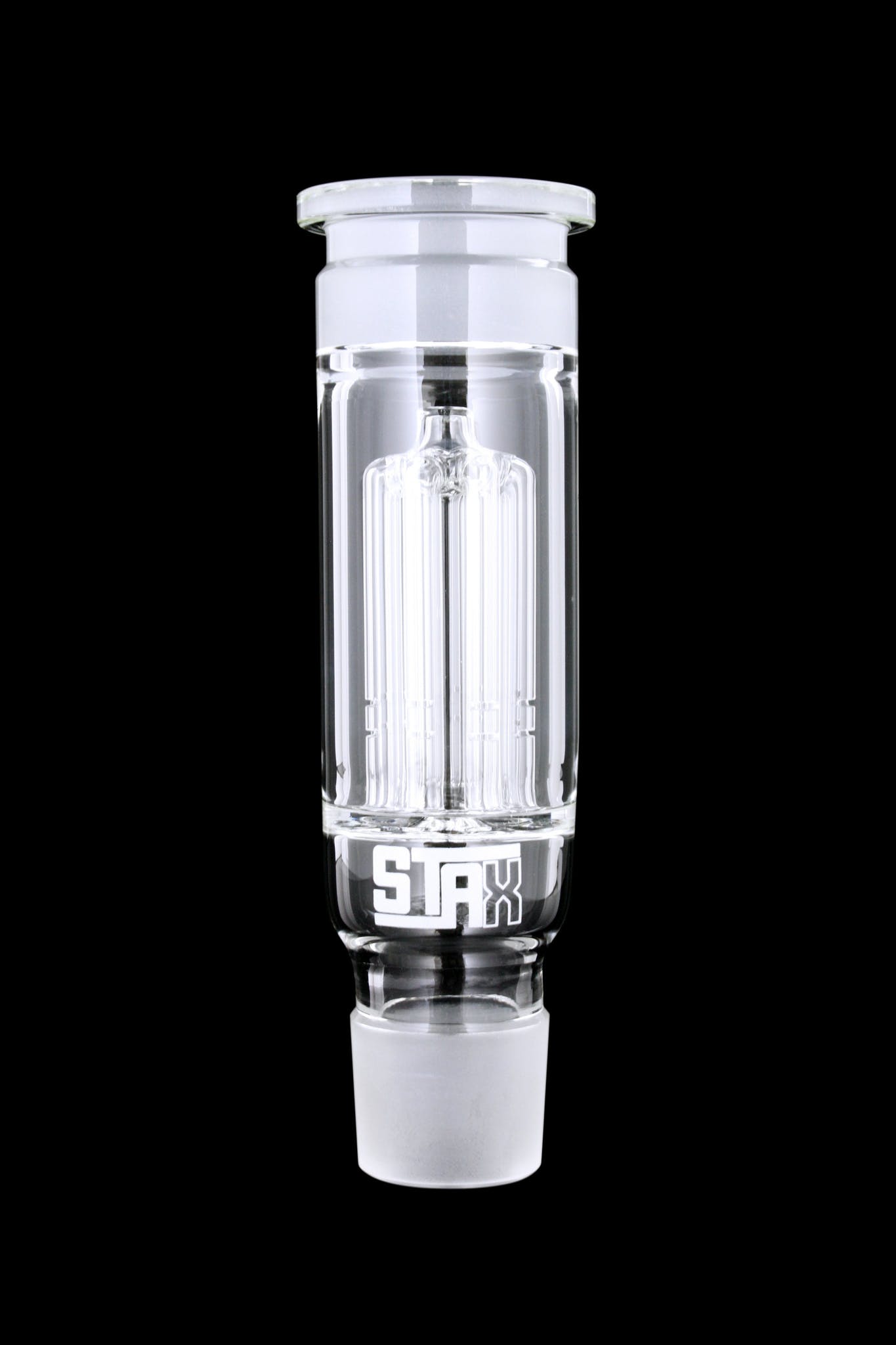 A detailed side view of the GRAV® STAX Tree Perc, showcasing its clear glass construction and intricate perc design.