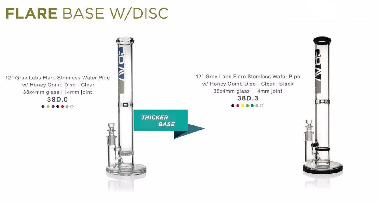 Front view of the GRAV® Medium 12 Inch Straight Tube, showcasing the clear glass with black accents against a dark backdrop.