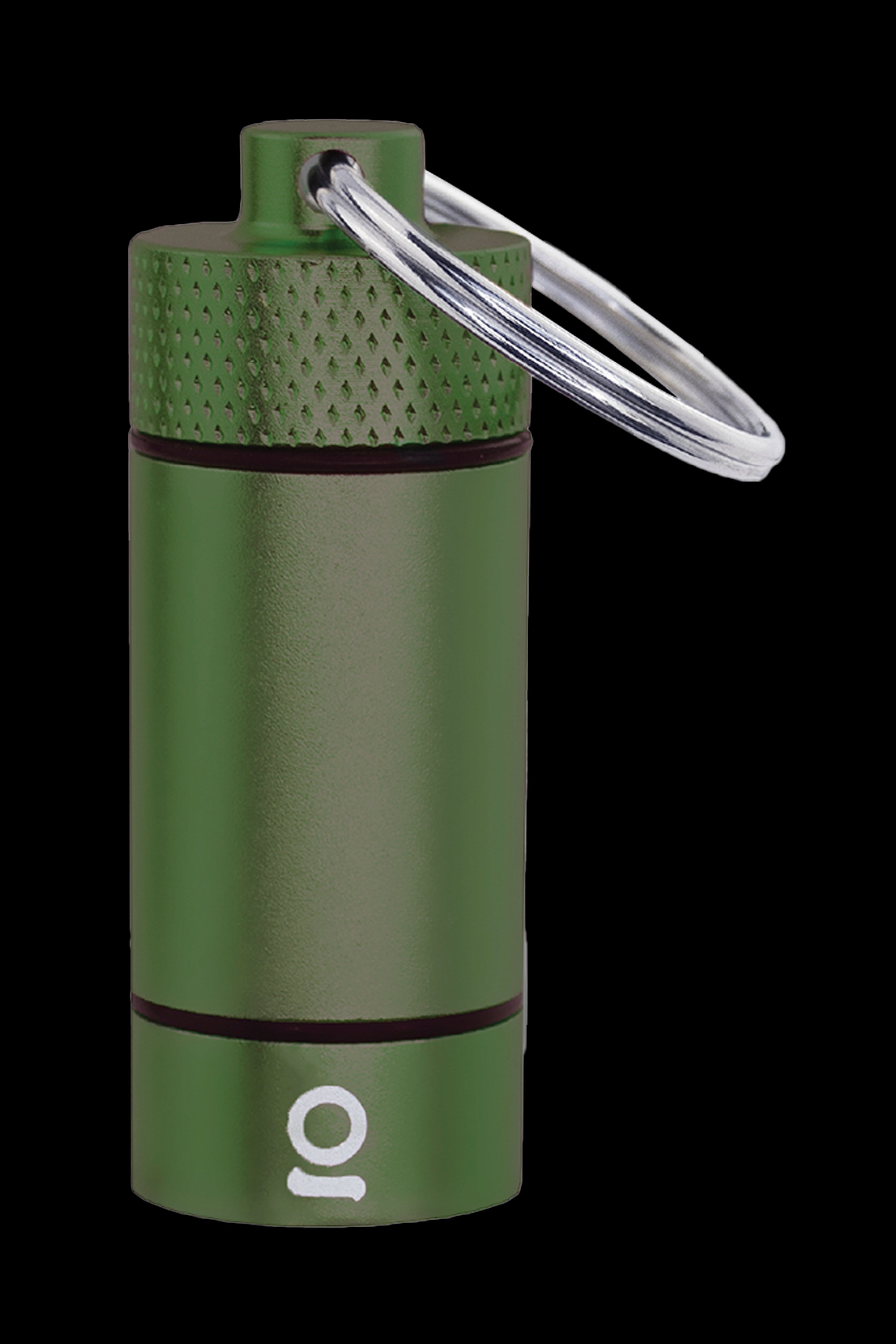 Green metallic cannabis oil vape cartridge with a keyring attached.