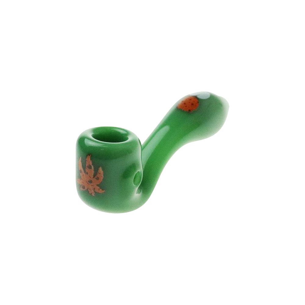 Front view of the “Puff Puff Pass “Girl Scout Cookies” Strain Pipe, a green glass pipe with a curved shape and smooth finish.