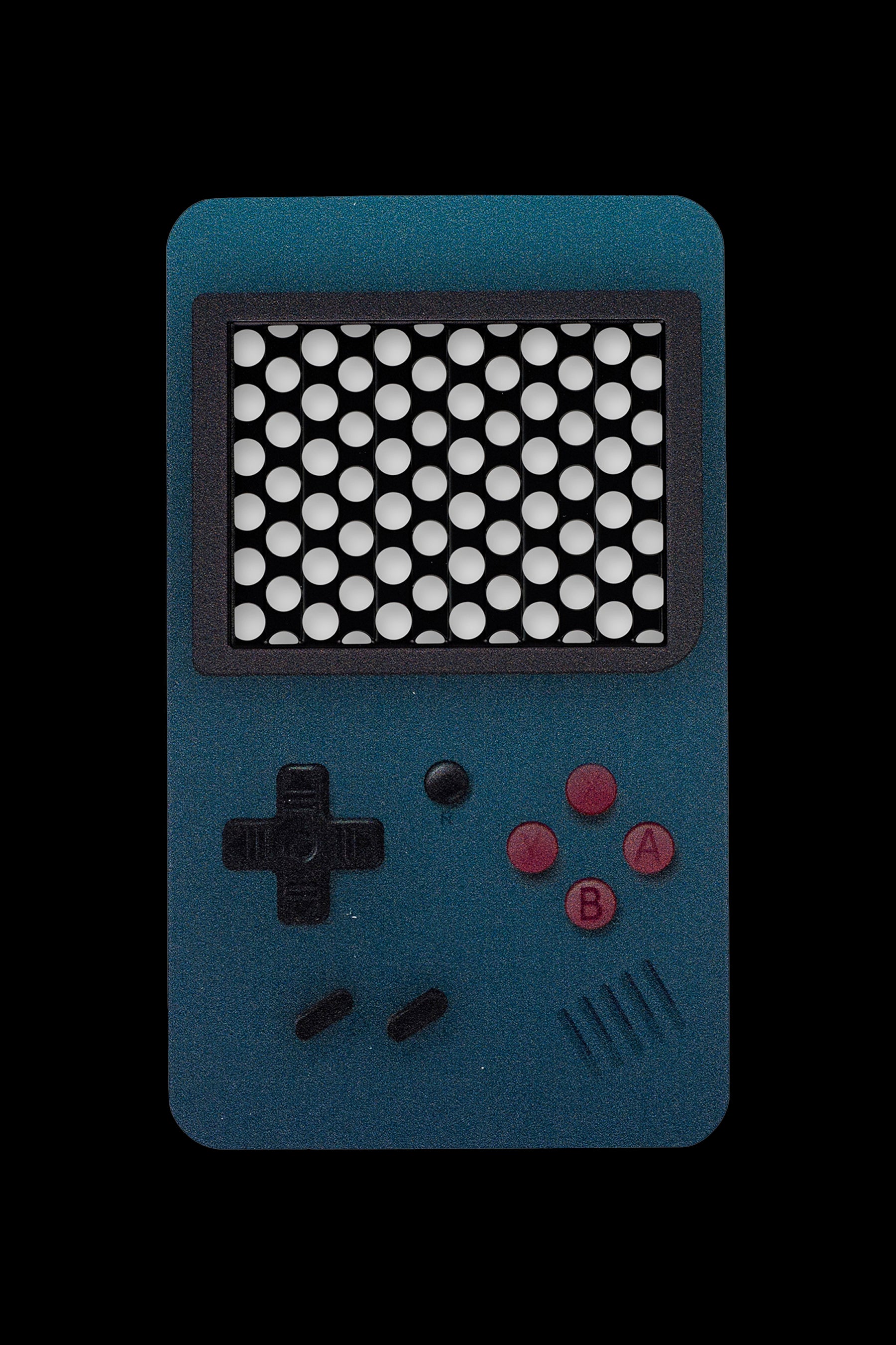 Retro gaming console with a patterned screen resembling a cannabis bud.