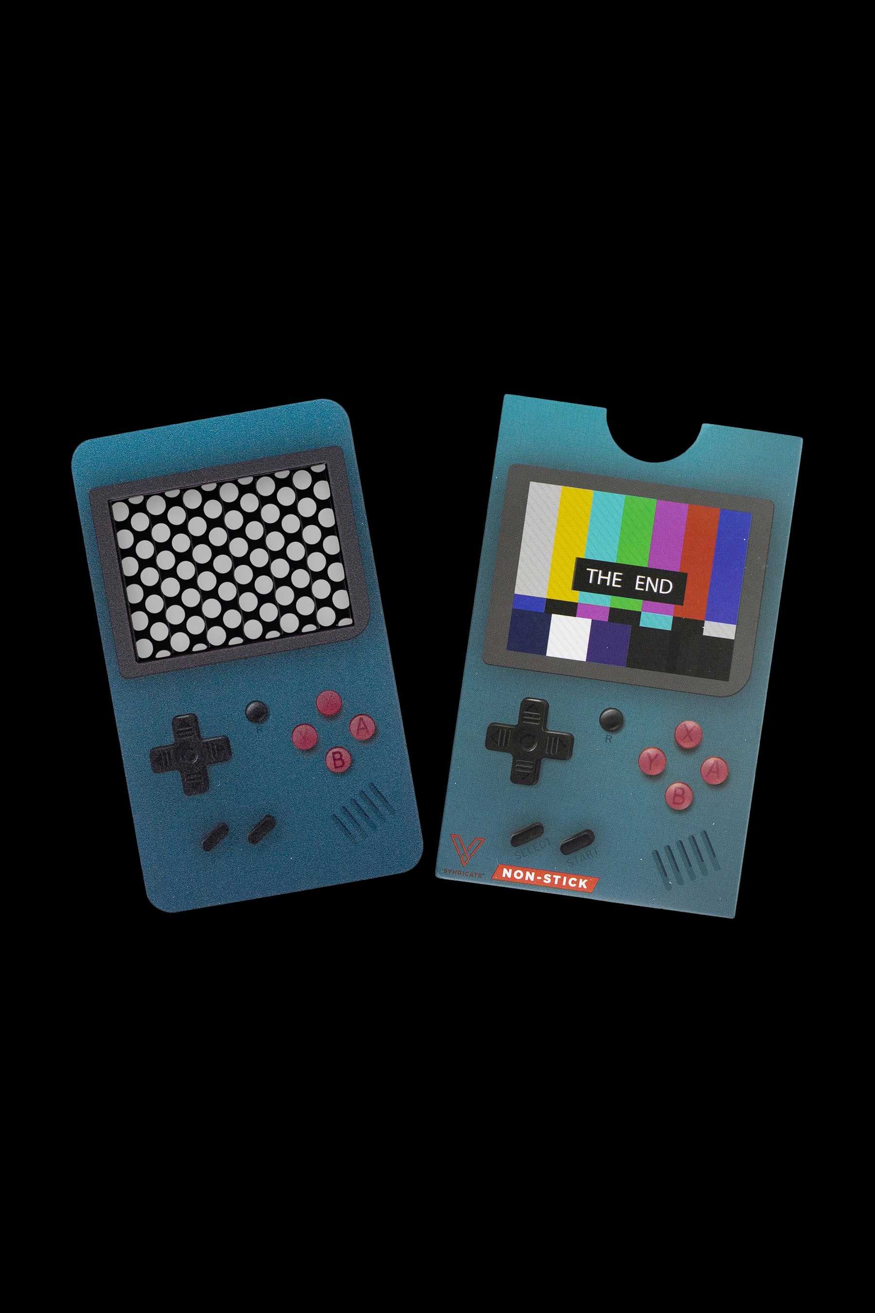 Retro-style silicone game console covers with perforated and static-patterned screens, designed for cannabis containers."