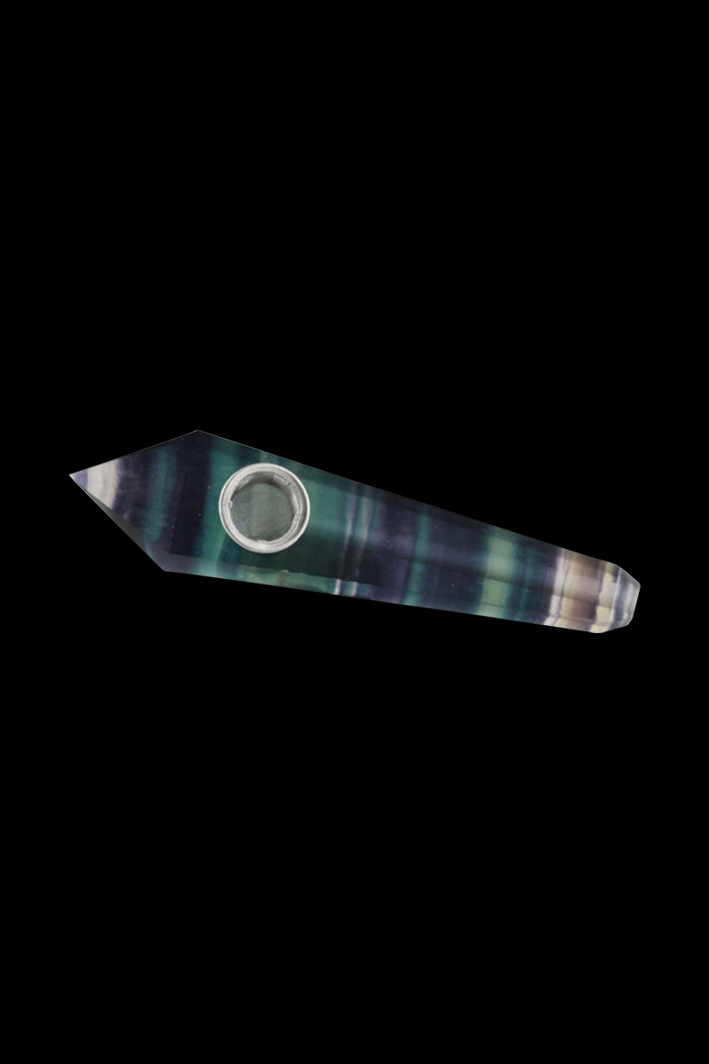 Angled top-down view of a striped green and purple Natural Gemstone Mineral Hand Pipe showing the round metal bowl.