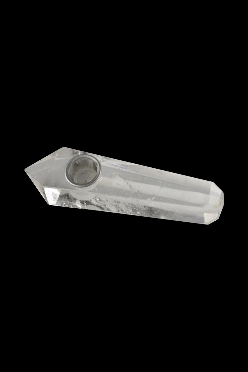Angled top view of a faceted Natural Gemstone Mineral Hand Pipe in clear amethyst-like crystal with a round metal bowl, shown on a black background.