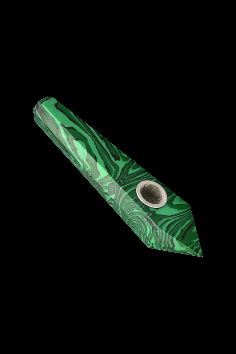 Angled close-up of the Natural Gemstone Mineral Hand Pipe in labradorite green with swirled banding and a visible metal bowl.