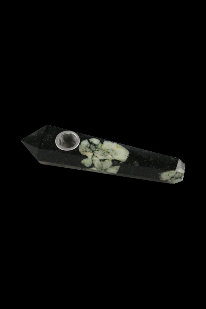 Angled close-up of the Natural Gemstone Mineral Hand Pipe in green marbled stone, shown against a black background.