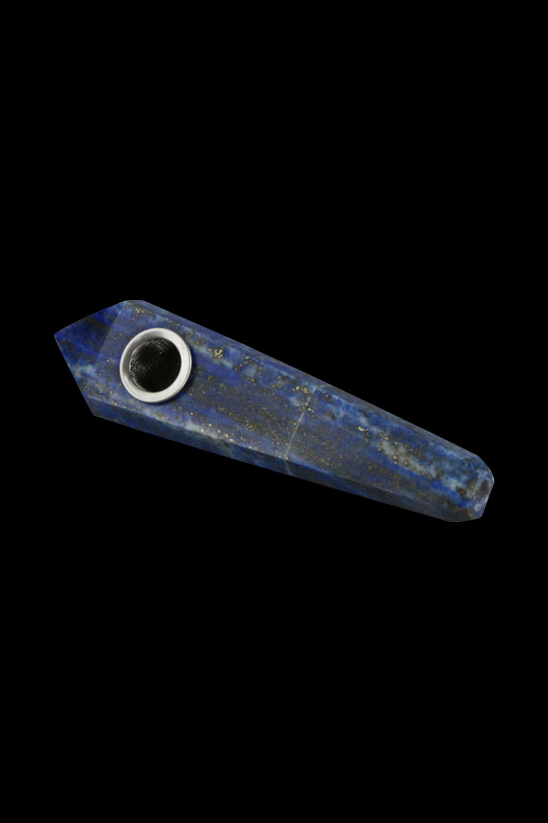 Angled top-down view of the Natural Gemstone Mineral Hand Pipe in blue-green stone with a metal bowl set against a black background