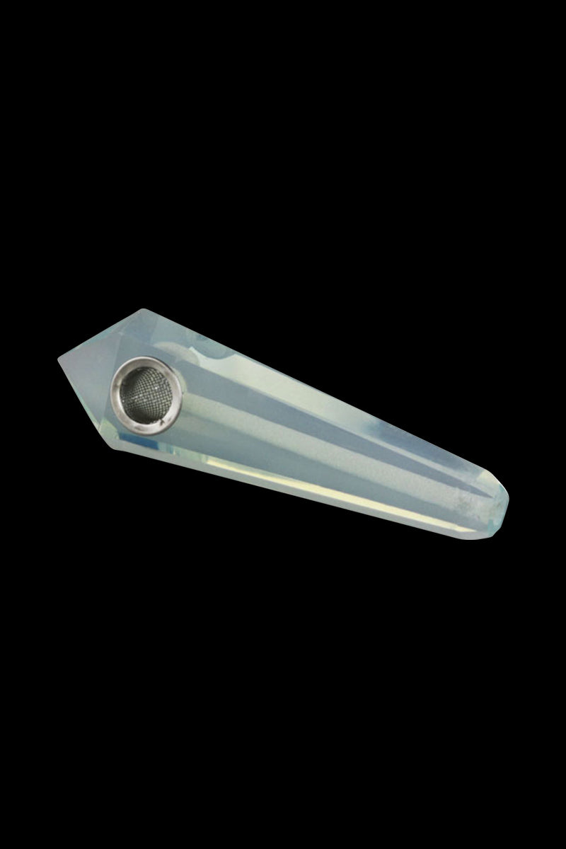 Natural Gemstone Mineral Hand Pipe shown in a diagonal top-down view, a faceted pale blue lapis-style stone with a metal bowl.