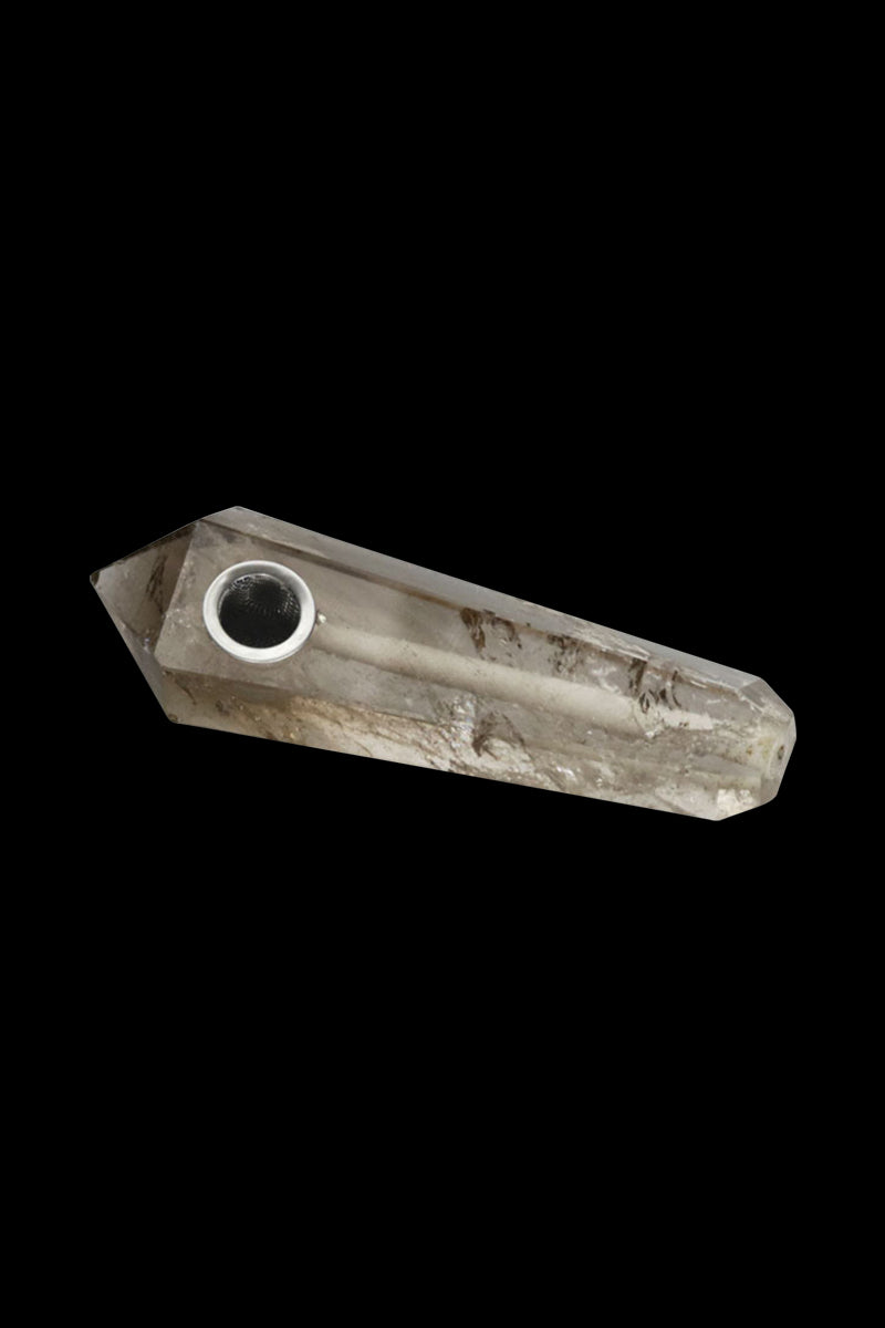 Angled close-up of the Natural Gemstone Mineral Hand Pipe in rainbow fluorite, showing its faceted, smoky crystal body and metal bowl against a black background.
