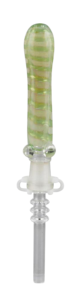 A close-up, angled view of the Simple Glass Nectar Dab Straw Collector with Quartz Tip, showing its clear glass body.