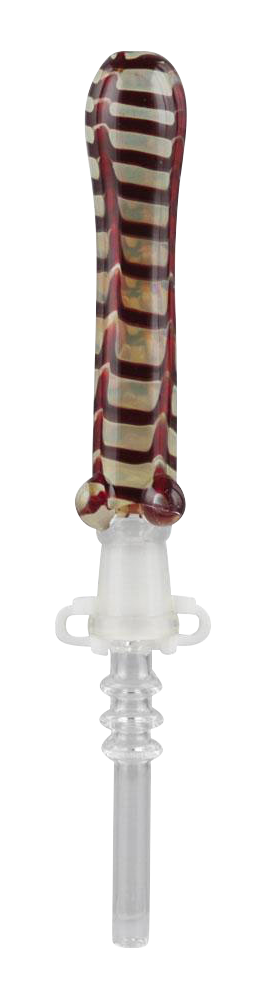 Front view of the Simple Glass Nectar Dab Straw Collector with Quartz Tip, showing a slender, patterned glass tube with a clear quartz tip.