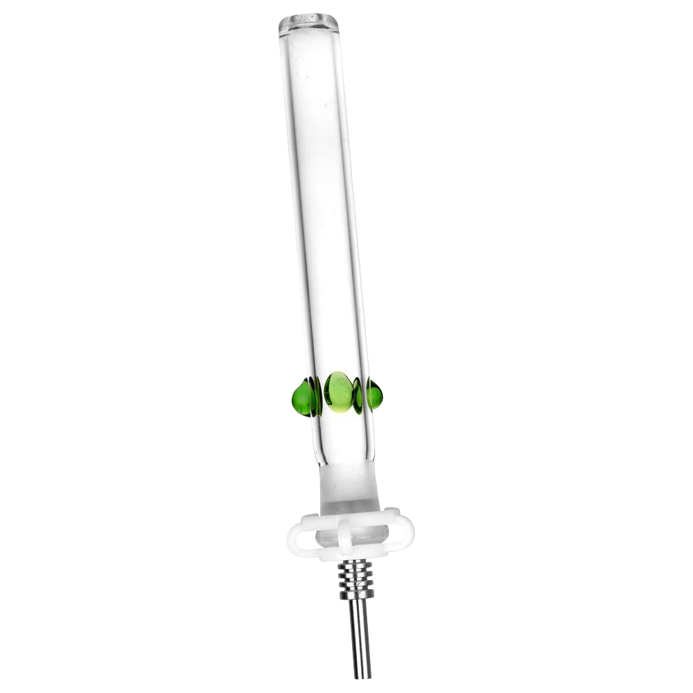 Vertical close-up of the Classic Glass Honey Vapor Straw Collector showing its clear glass tube with three green glass beads and metal tip against a white background